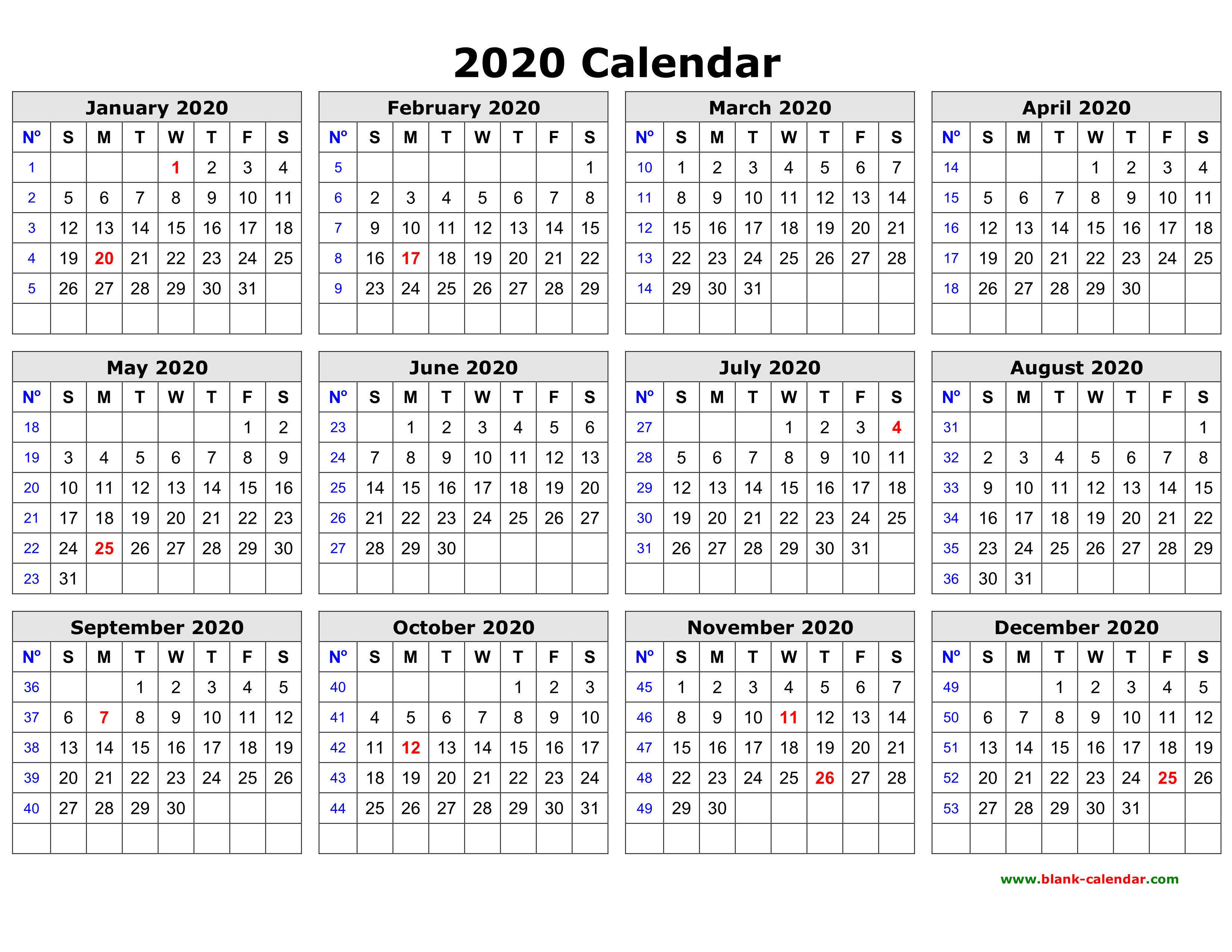 Free Download Printable Calendar 2020 In One Page, Clean Design.