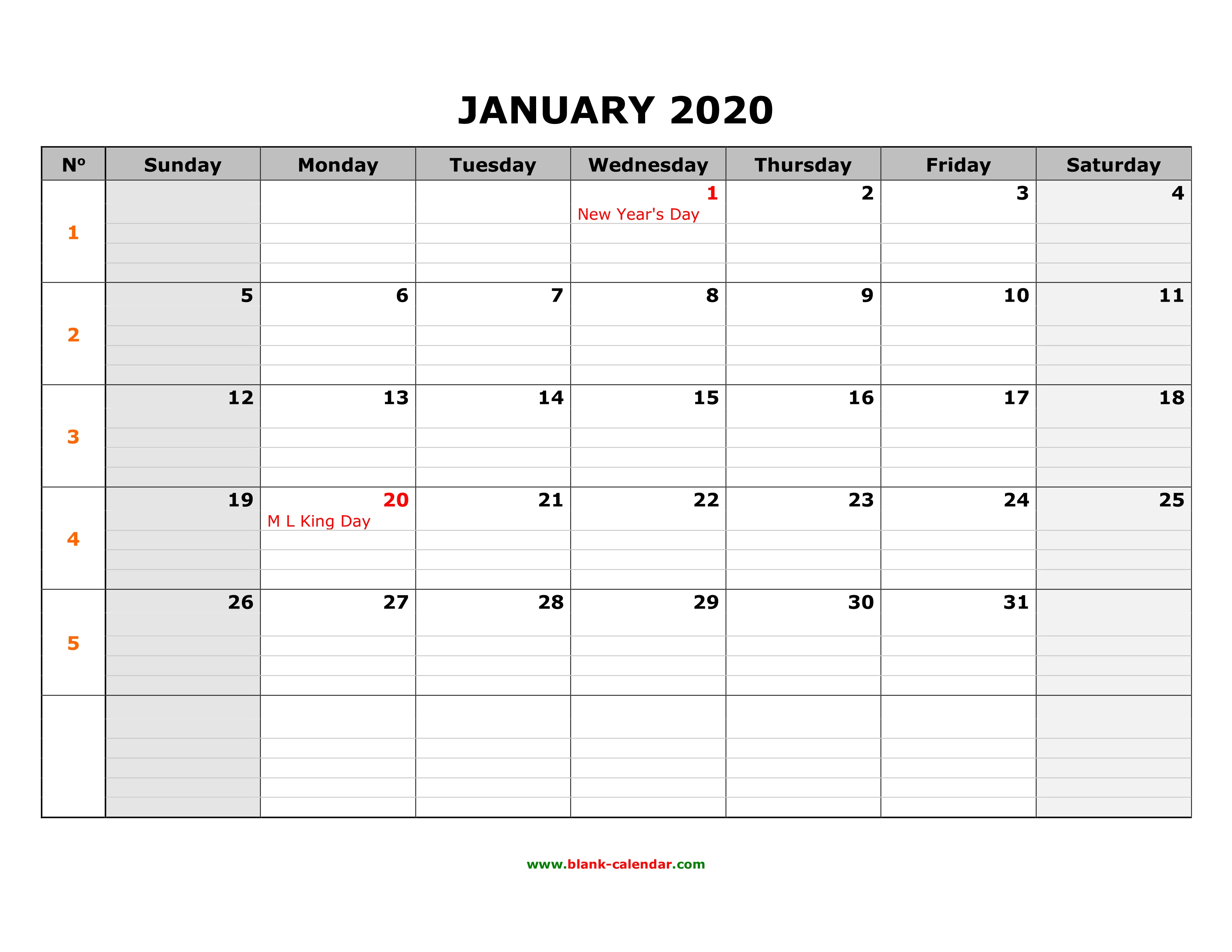Free Download Printable Calendar 2020, Large Box Grid, Space