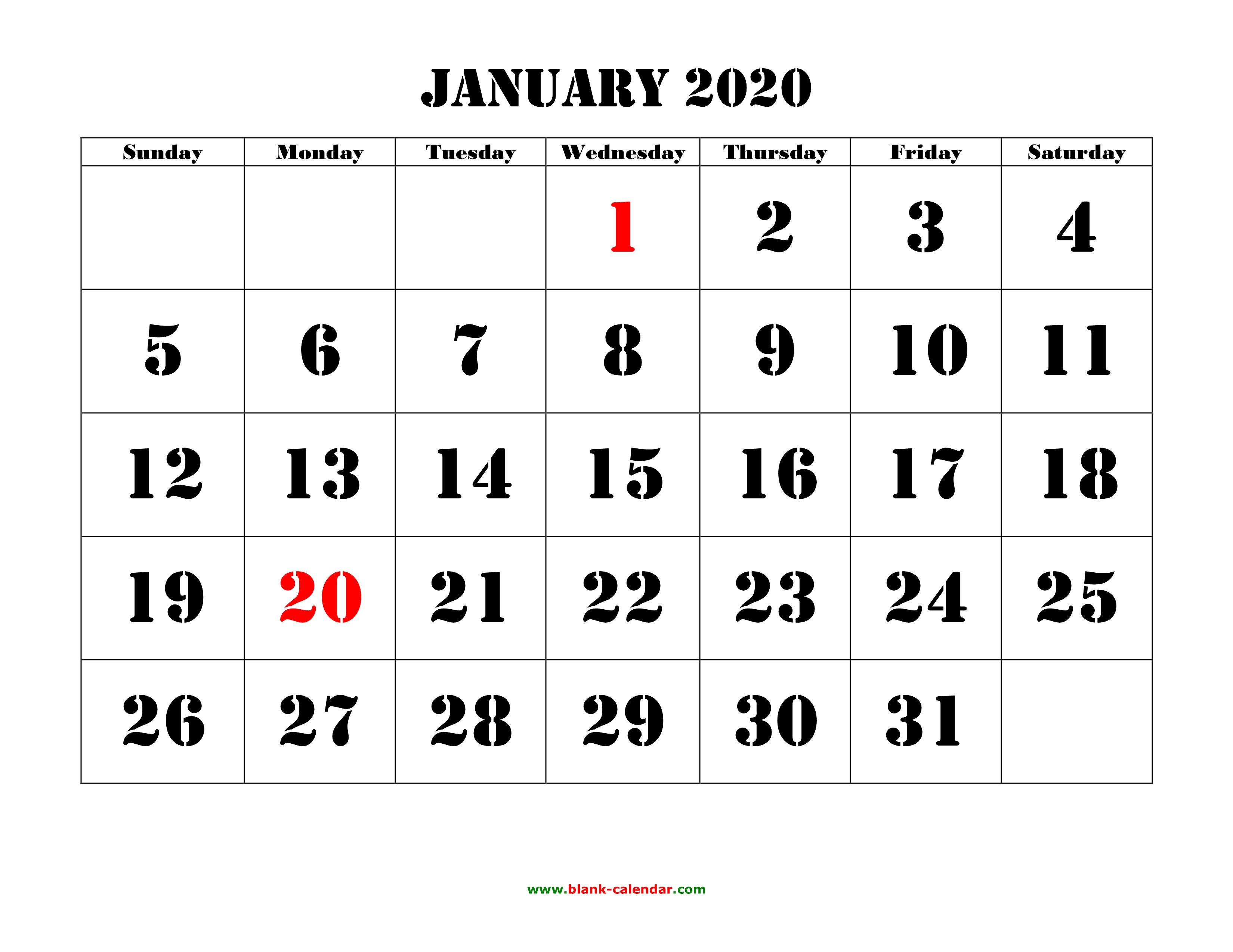 Free Download Printable Calendar 2020, Large Font Design