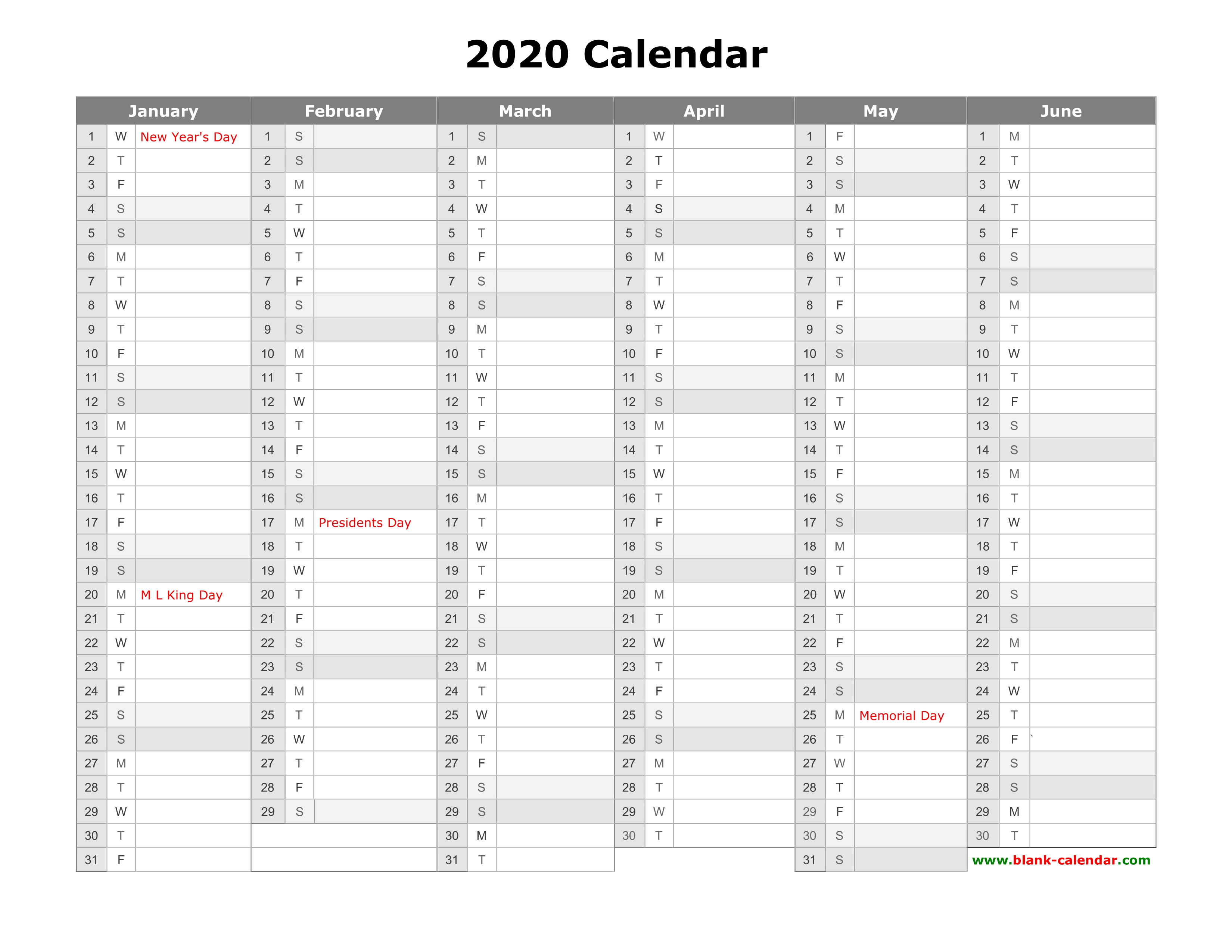 Free Download Printable Calendar 2020, Month In A Column