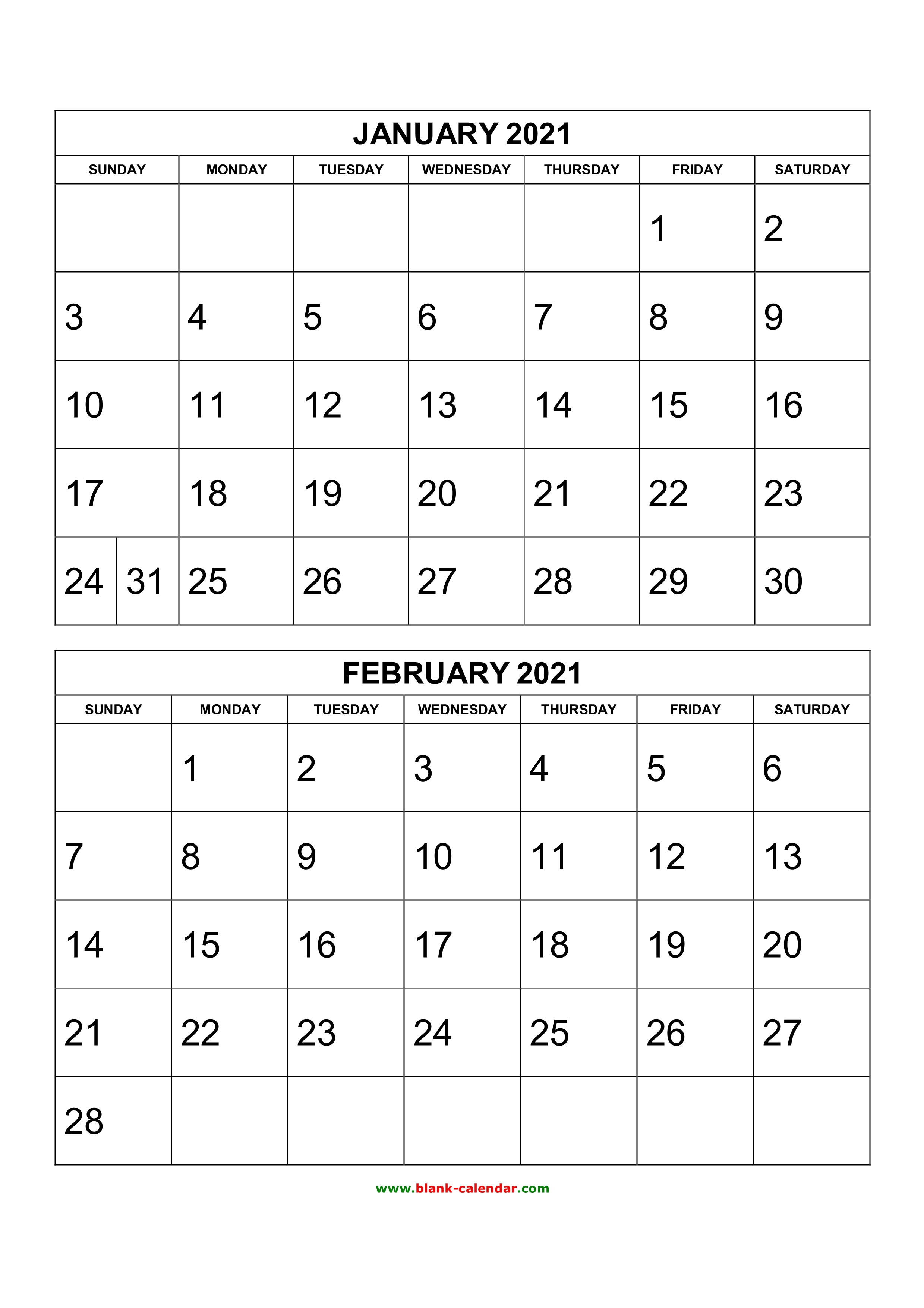 Free Download Printable Calendar 2021, 2 Months Per Page, 6