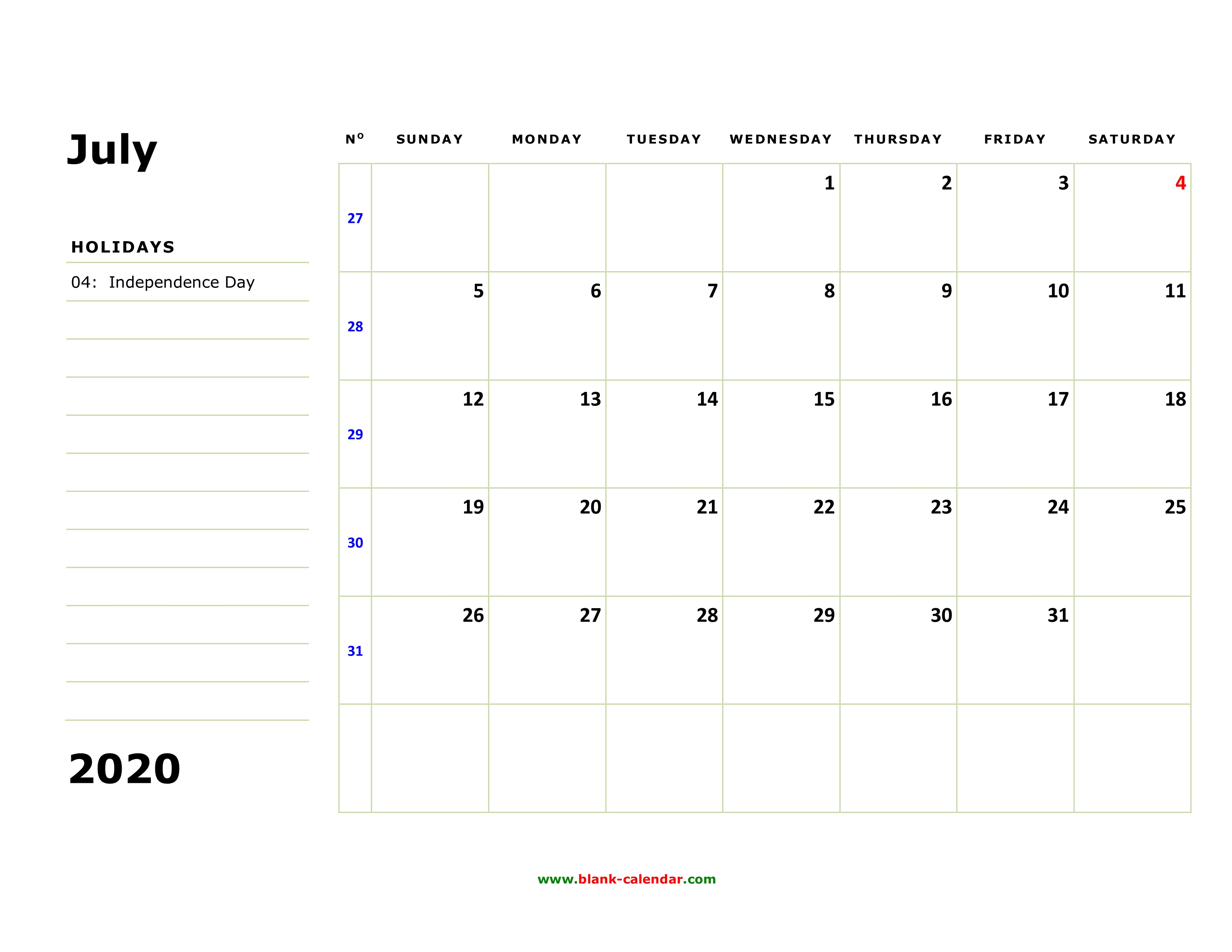 Free Download Printable July 2020 Calendar, Large Box