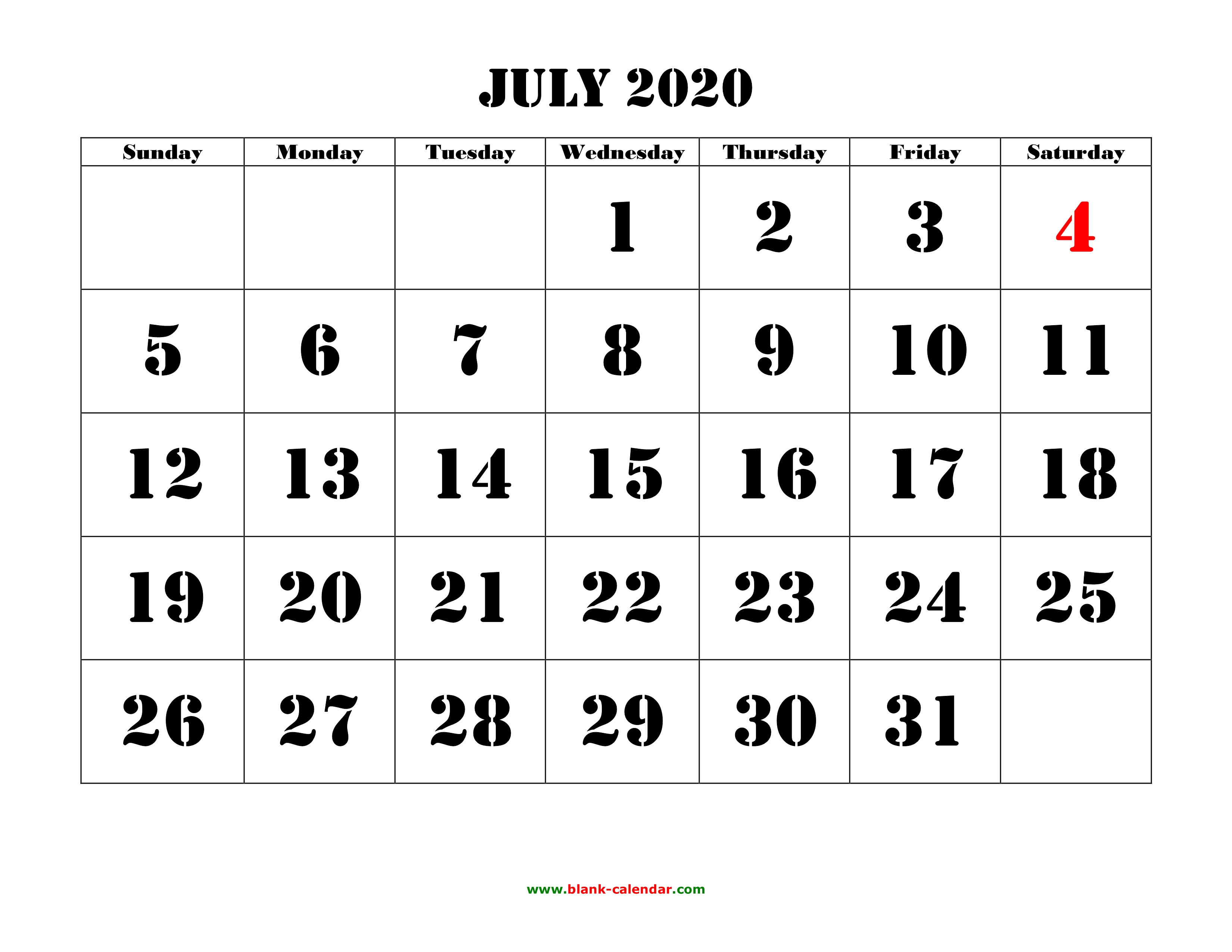 Free Download Printable July 2020 Calendar, Large Font