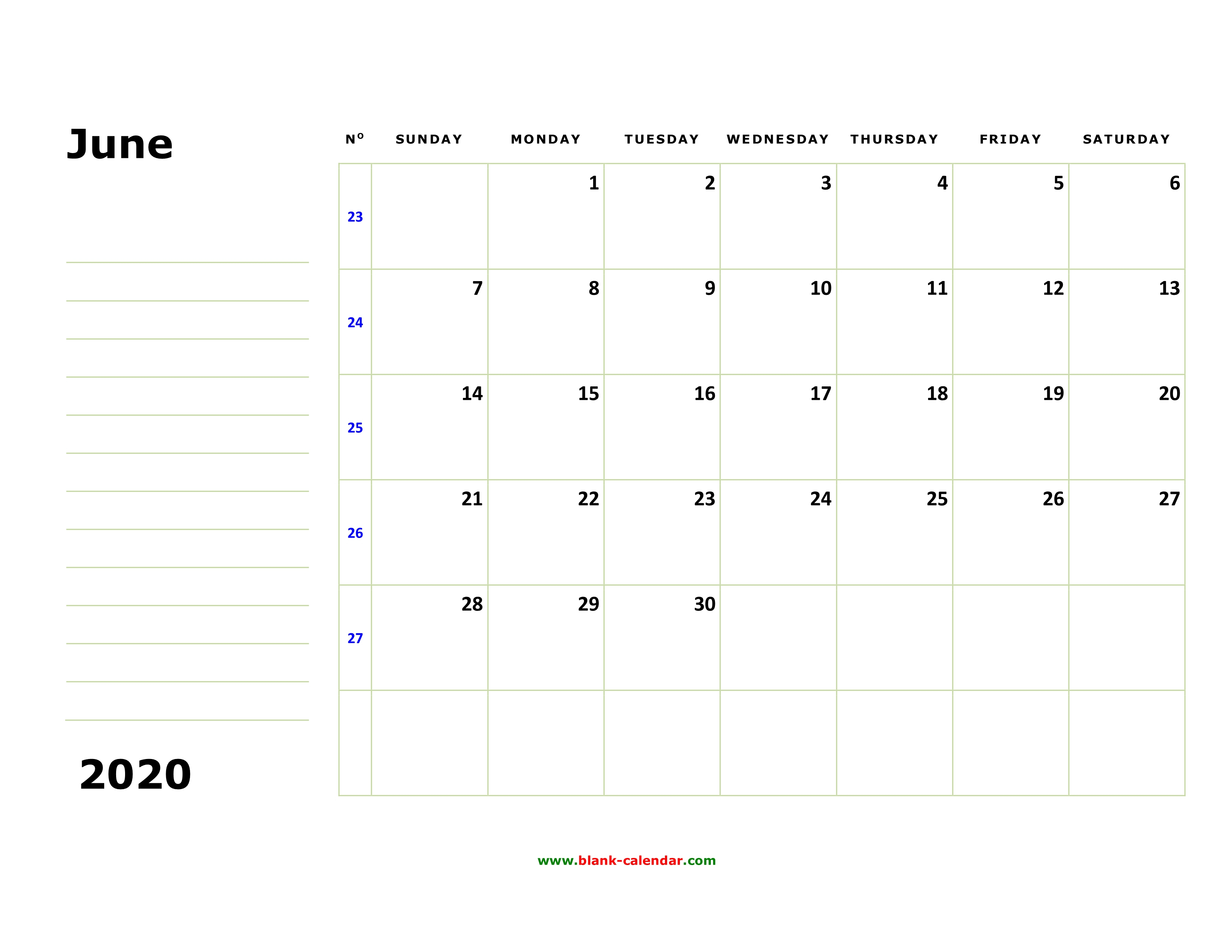 Free Download Printable June 2020 Calendar, Large Box