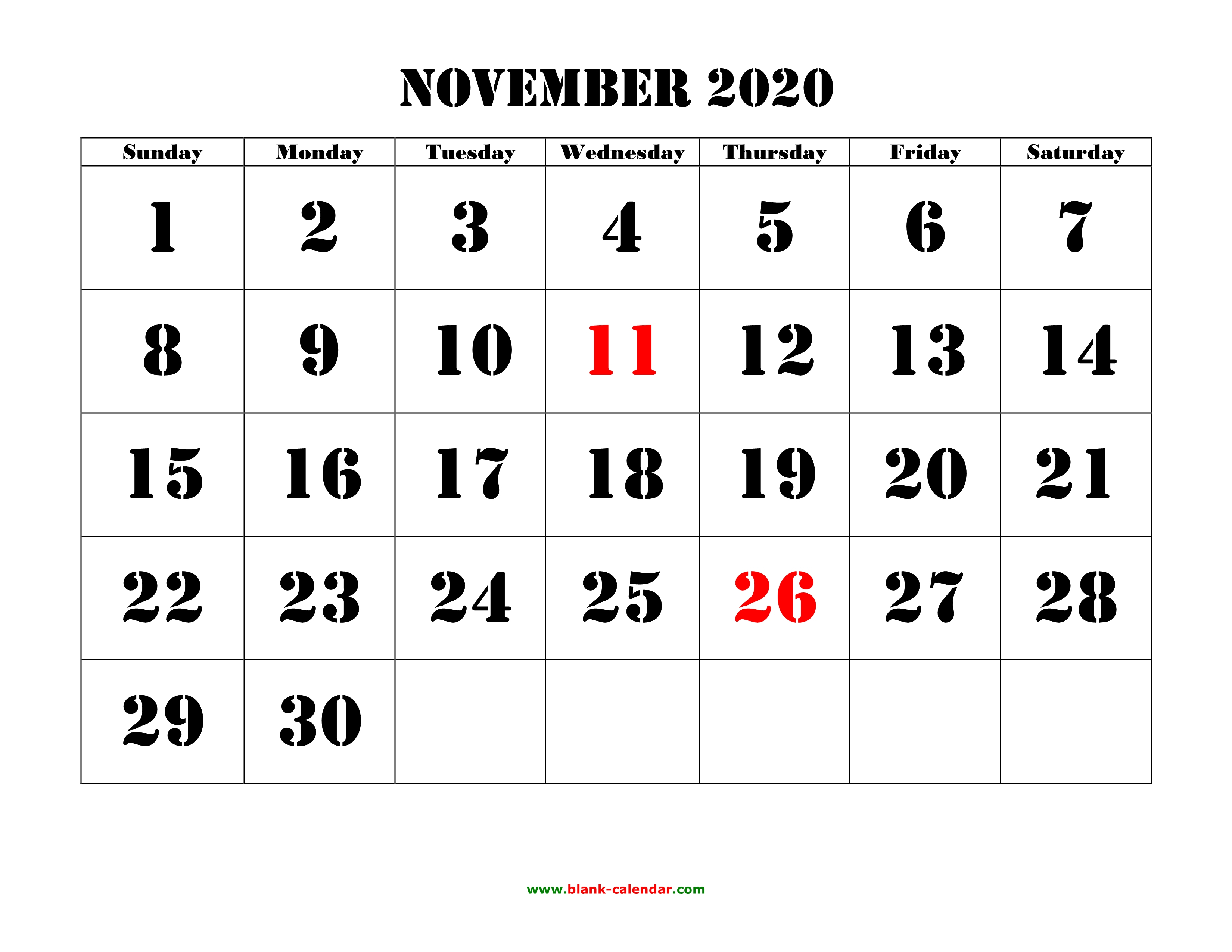 Free Download Printable November 2020 Calendar, Large Font