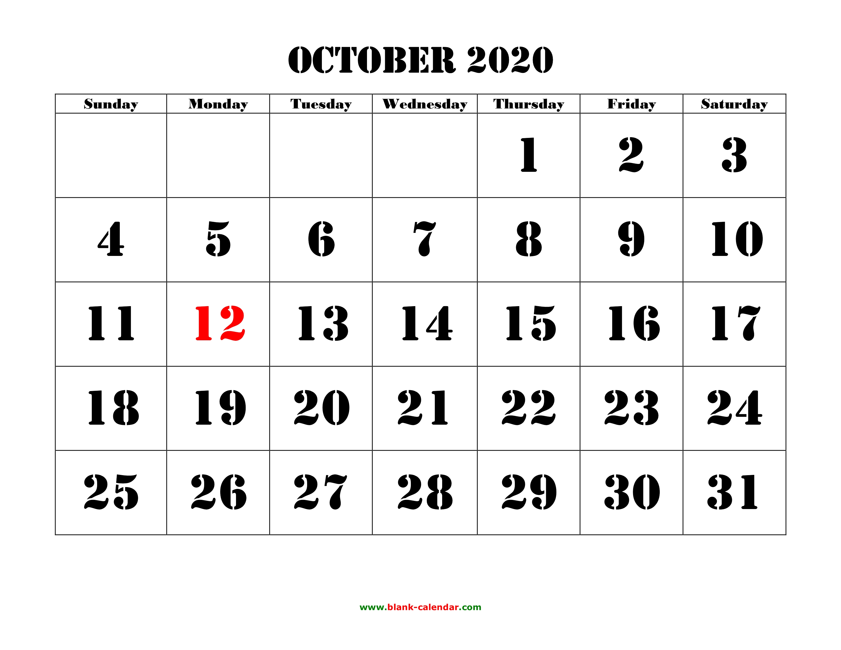 Free Download Printable October 2020 Calendar, Large Font