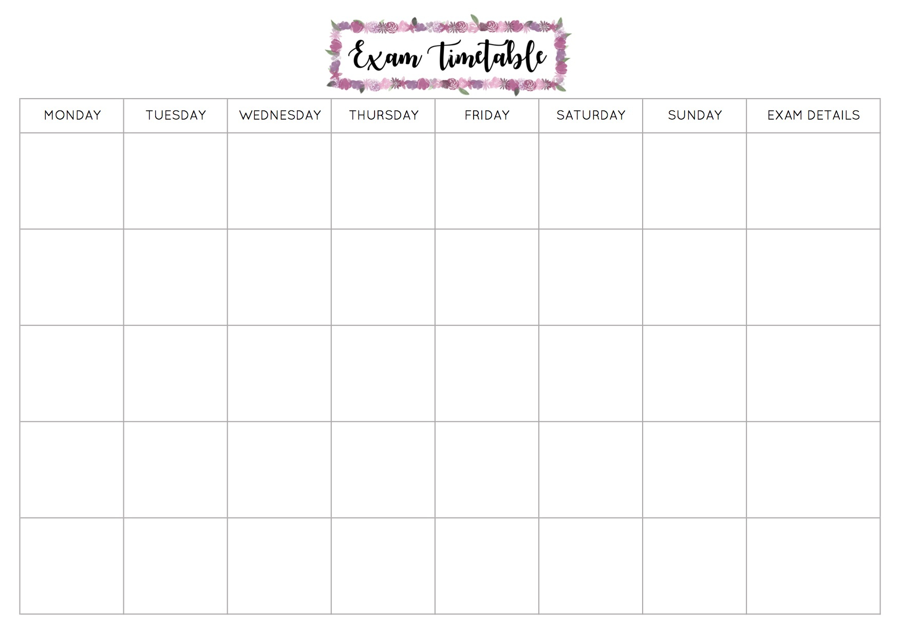 Free Exam Timetable Printable – Emily Studies