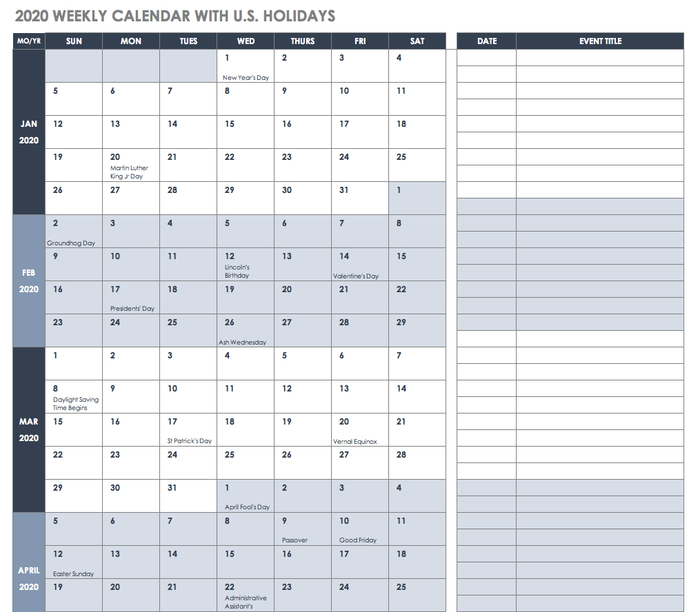 Free Excel Calendar Templates