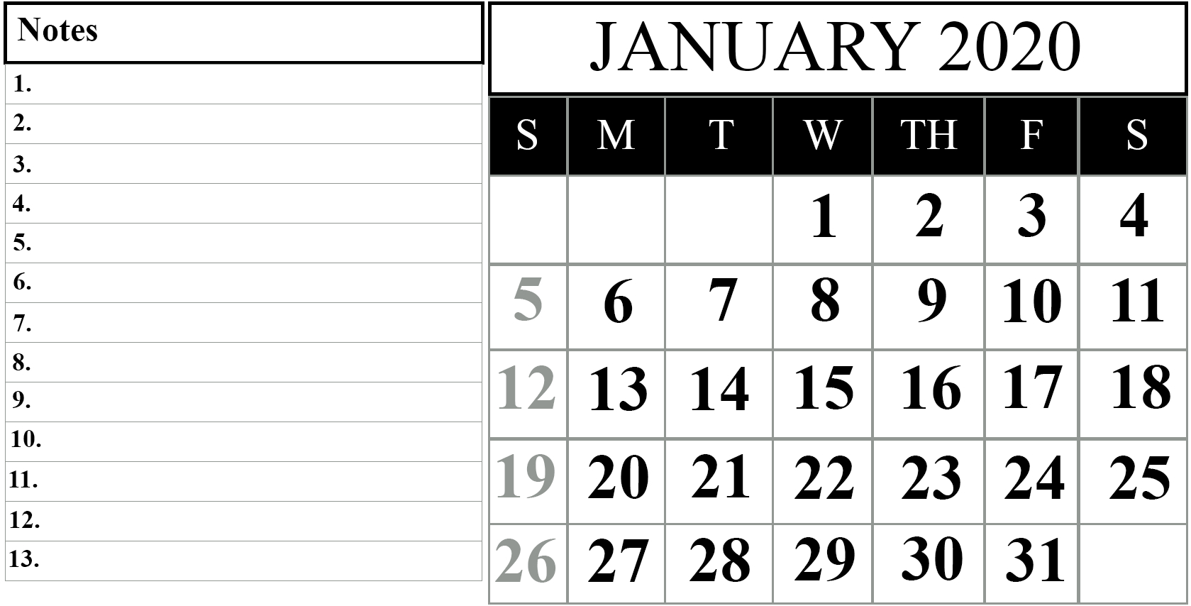 Free January 2020 Printable Calendar In Pdf, Excel &amp; Word