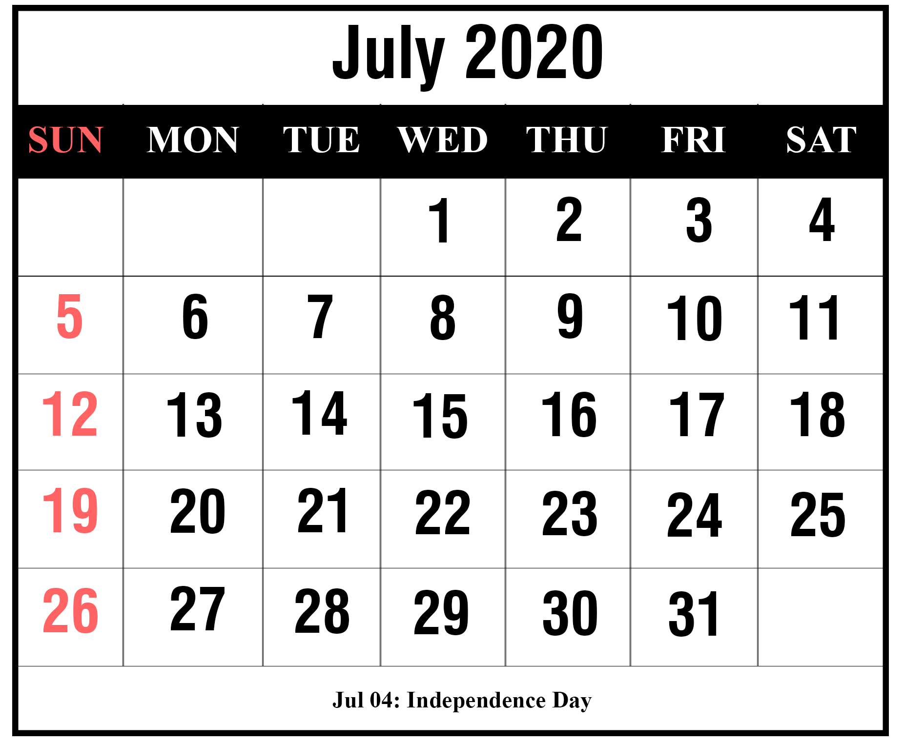 Free July 2020 Printable Calendar Templates [Pdf, Excel