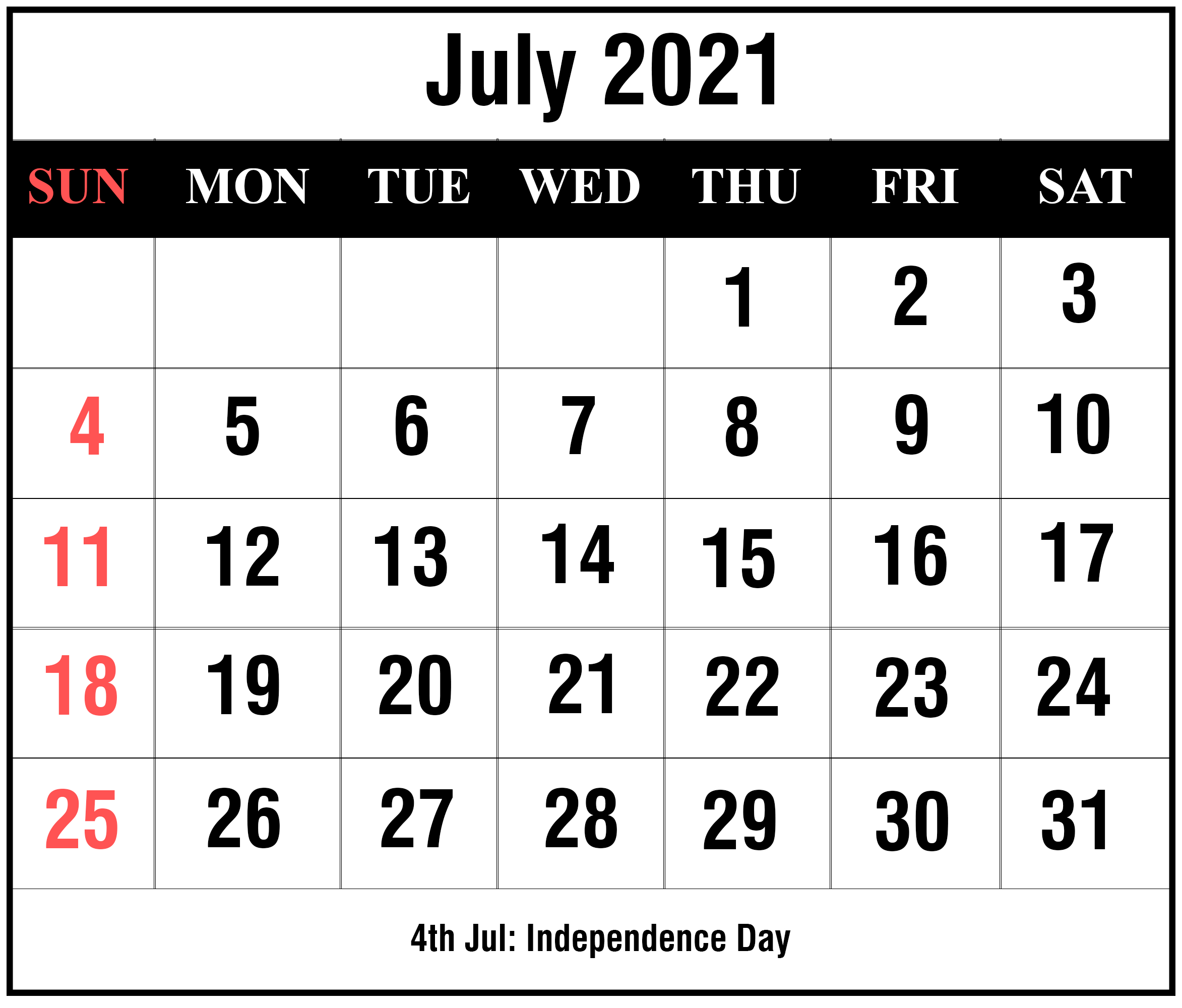 Free July 2021 Printable Calendar Template In Pdf, Excel