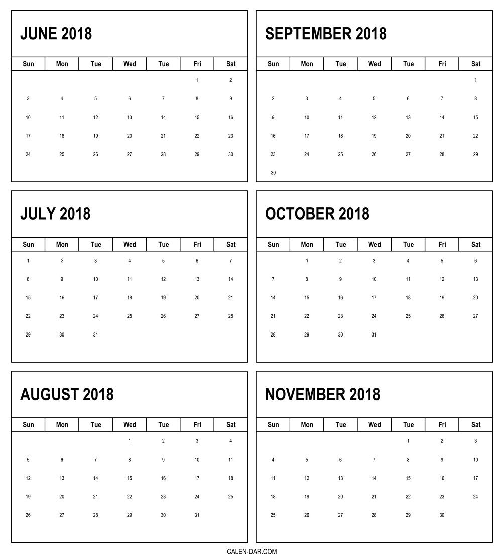 Free June To November 2018 Calendar 6 Monthly Pdf Template