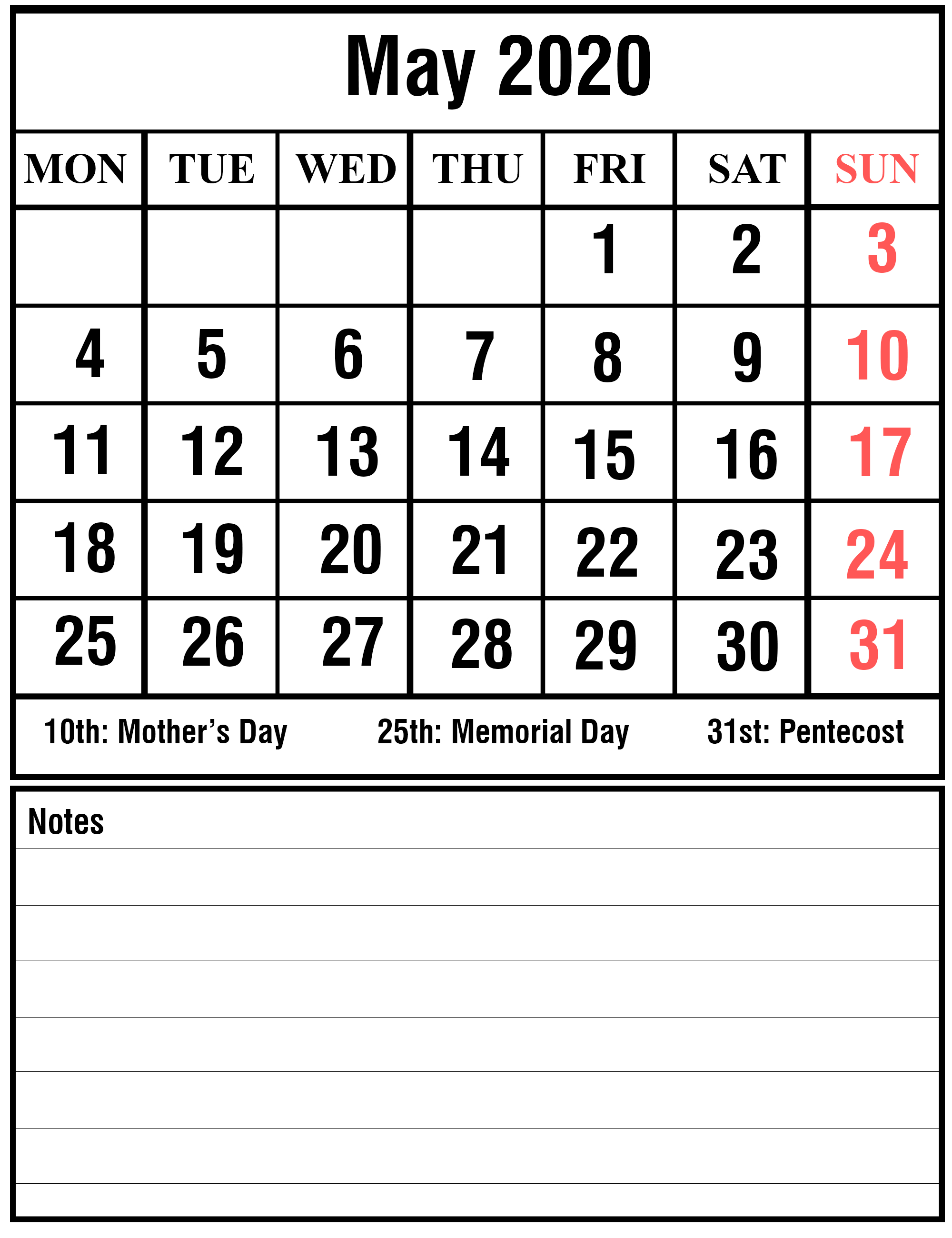Free May 2020 Printable Calendar Template With Holidays [Pdf
