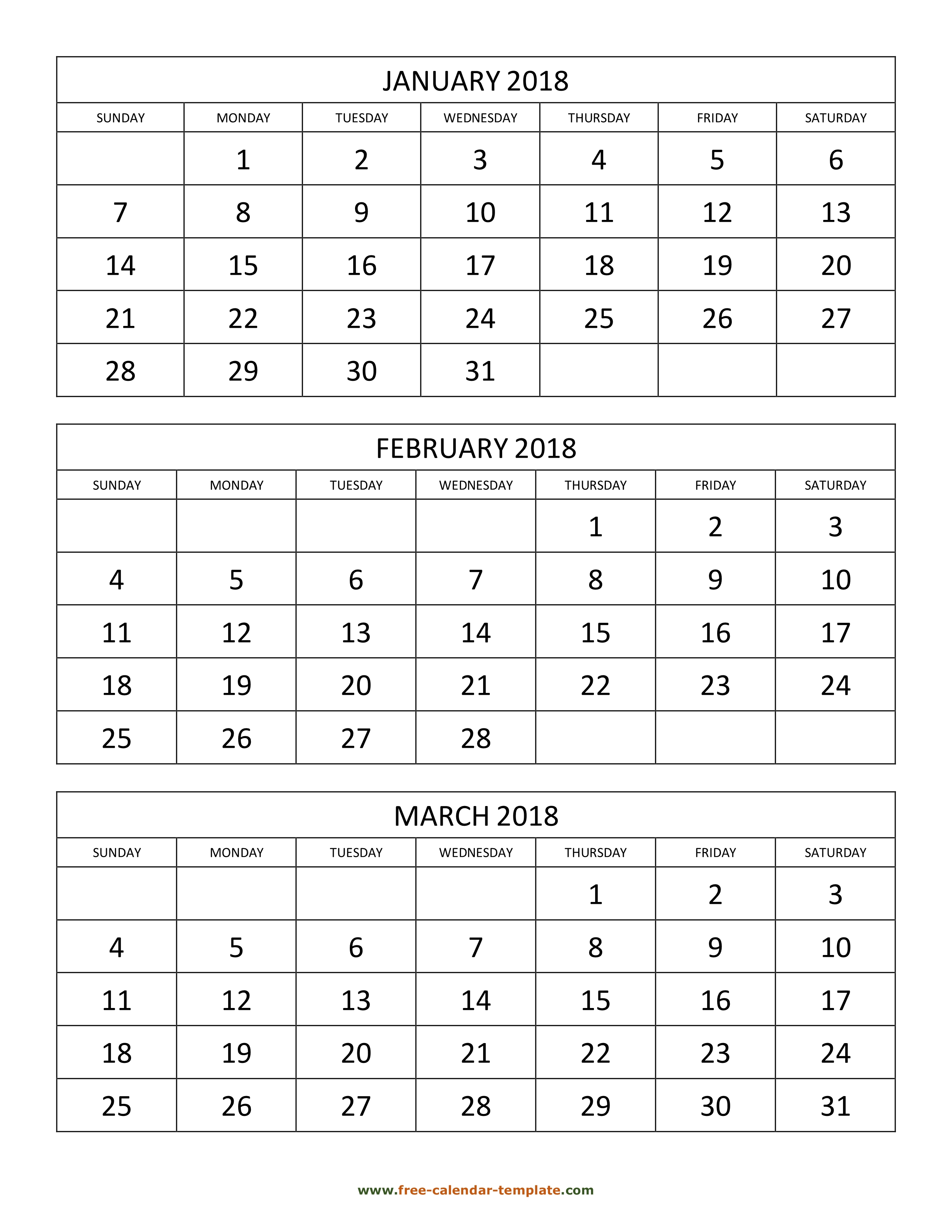 Free Monthly Calendar 2018, 3 Months Per Page (Vertical