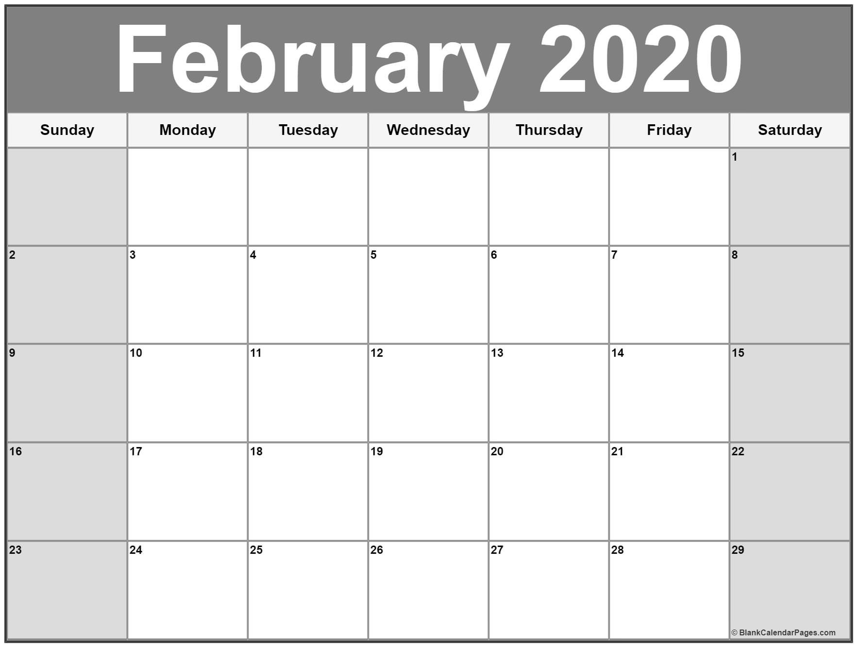 Free Monthly February Calendar 2020 Printable Template