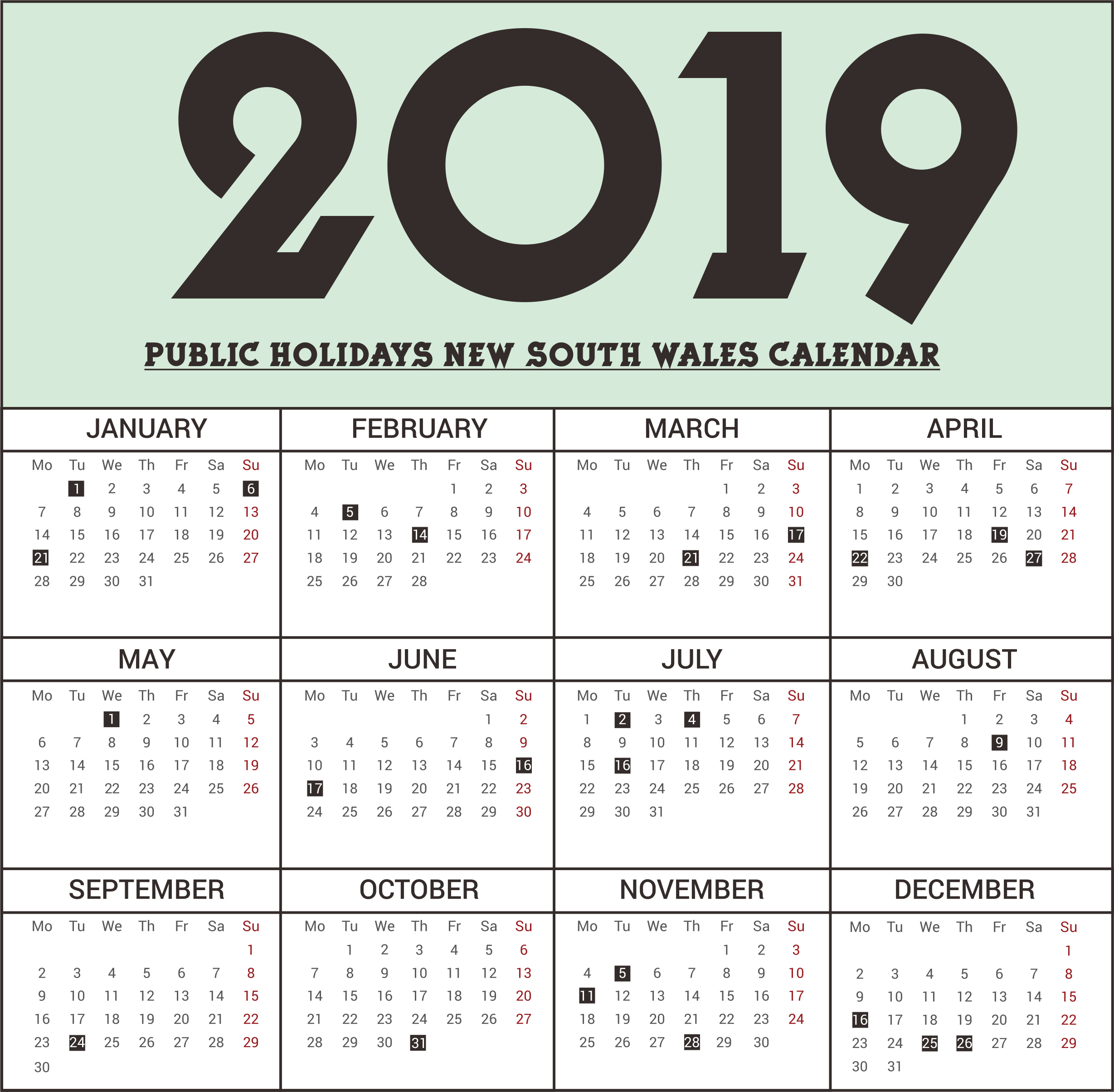 Free Nsw (New South Wales) Public Holidays 2019 Calendar