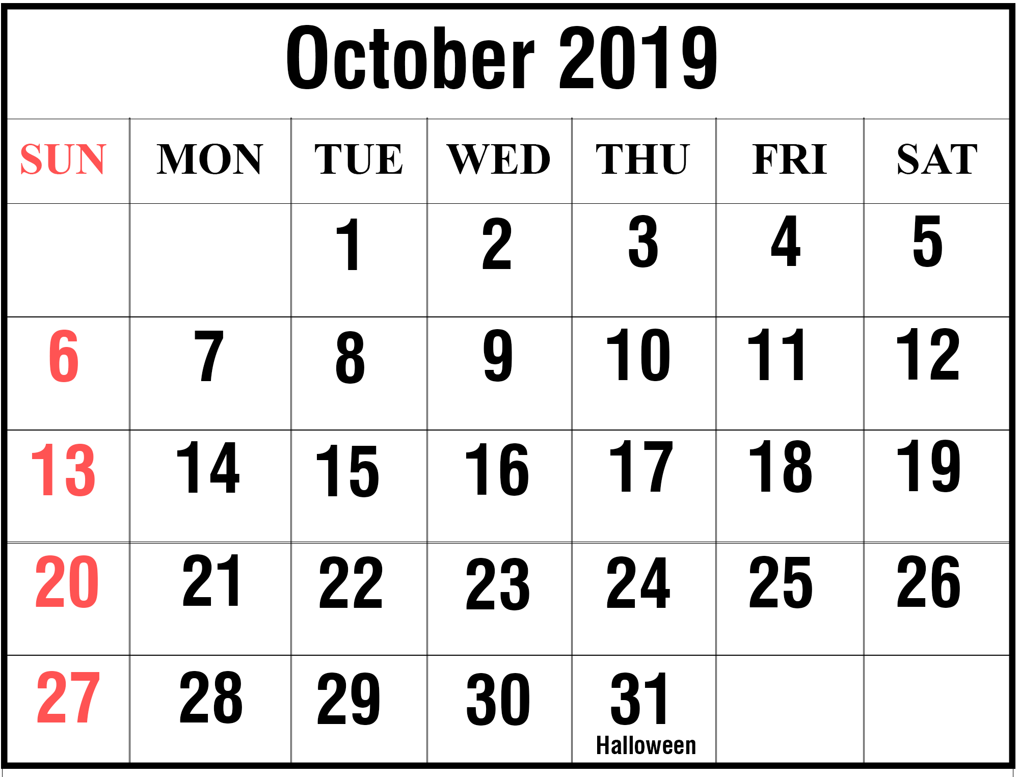 Free October 2019 Printable Calendar Blank Templates