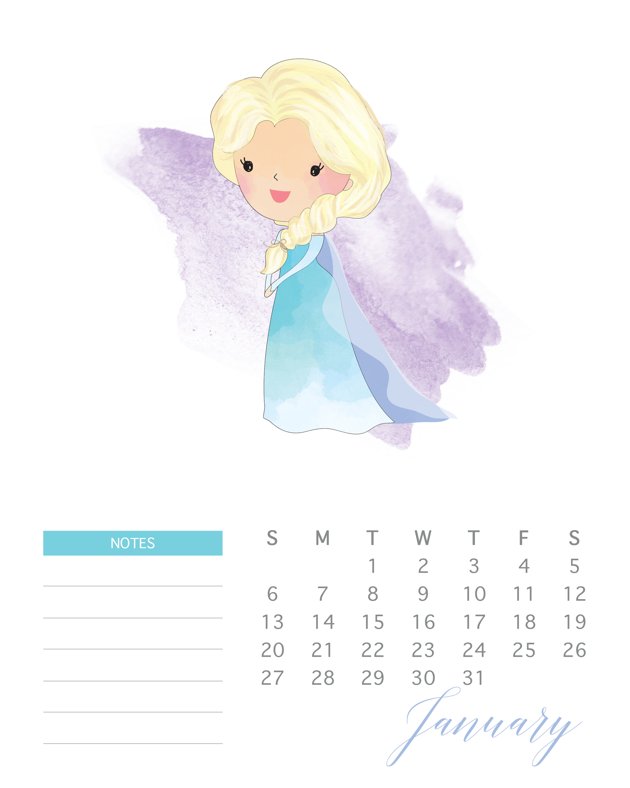 Free Printable 2019 Watercolor Princess Calendar - The