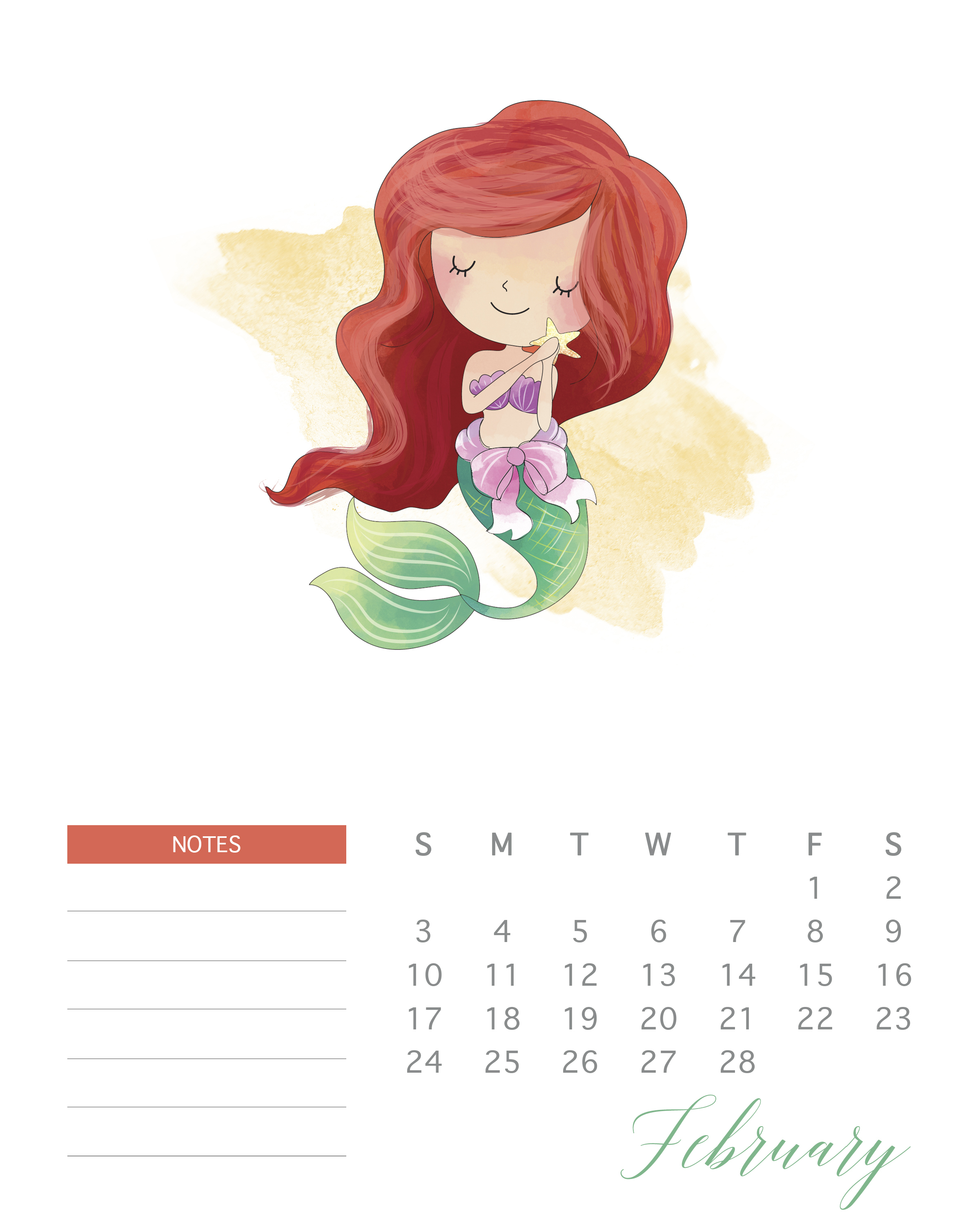 Free Printable 2019 Watercolor Princess Calendar - The