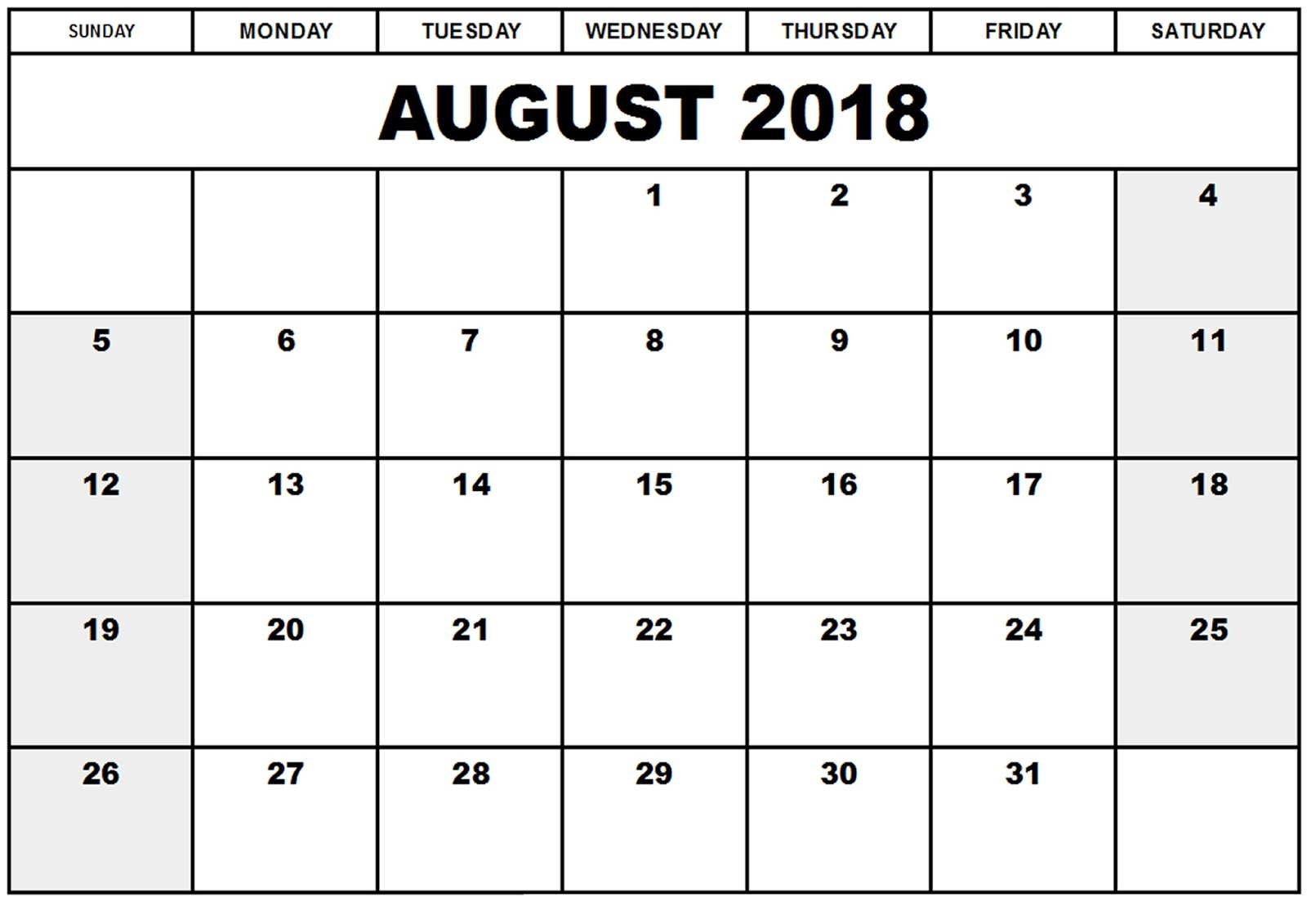Free Printable August 2018 Calendar Pdf Word Excel Blank
