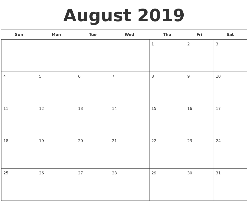 Free Printable August 2019 Calendar Landscape - Free