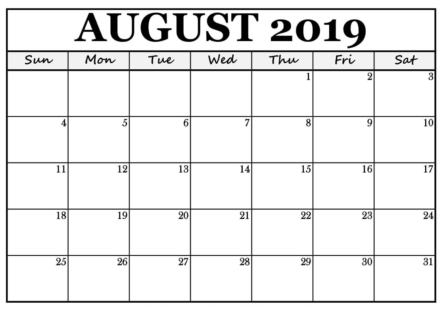 Free Printable August 2019 Calendar Landscape - Free