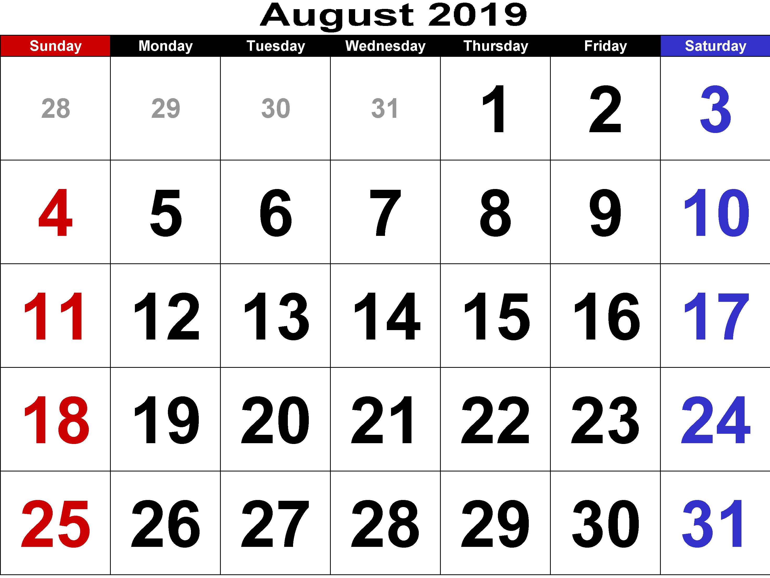 Free Printable August 2019 Calendar With Holidays