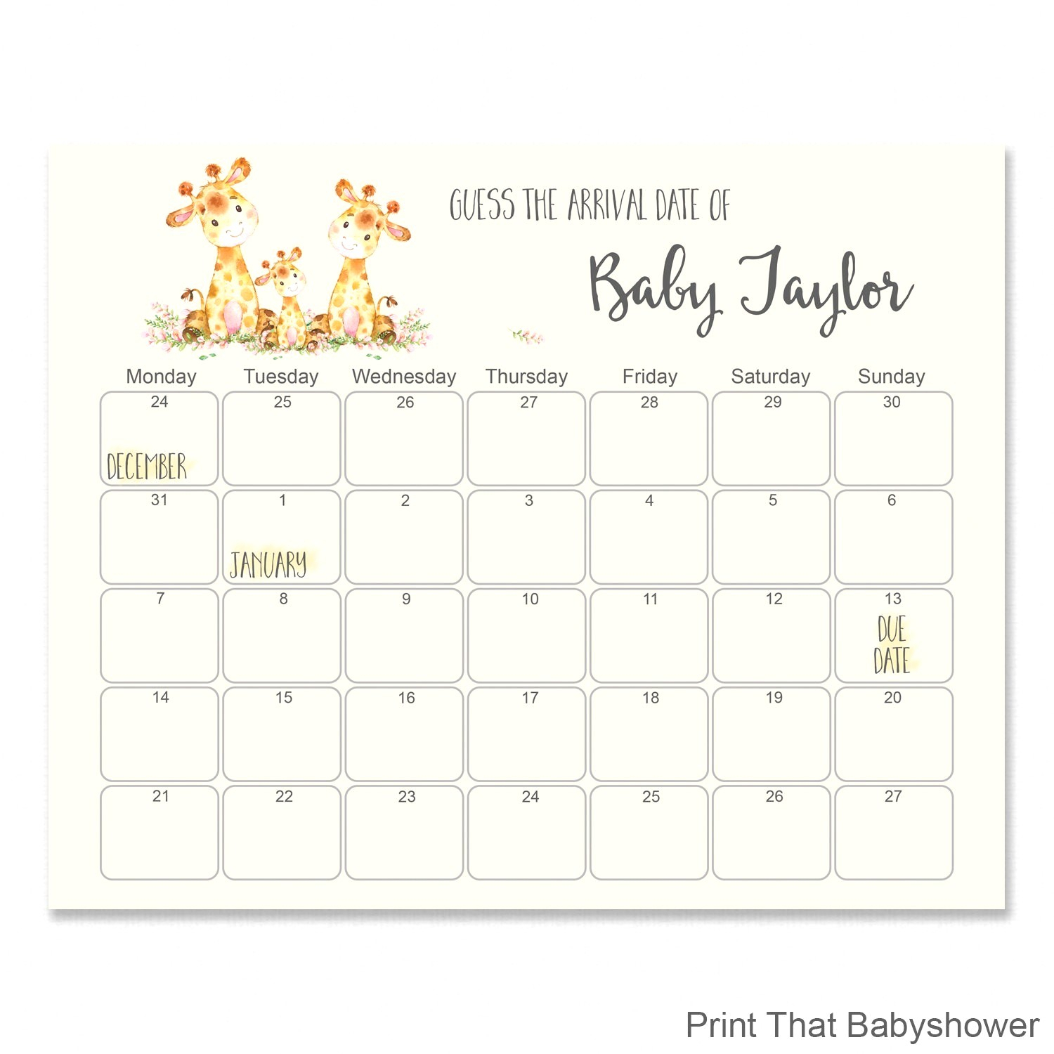 Free Printable Baby Shower Due Date Calendar Guess The