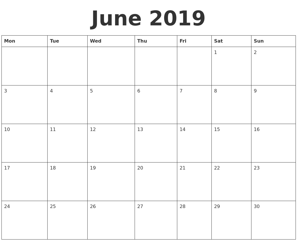 Free Printable Calendar June 2019 June 2019 Blank Calendar