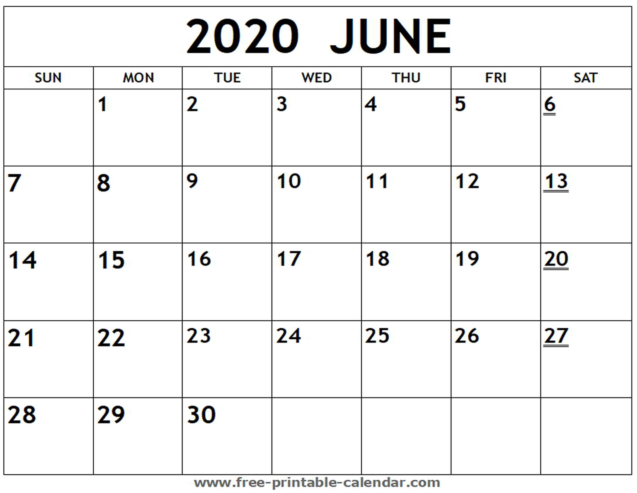 Free Printable Calendar June 2020