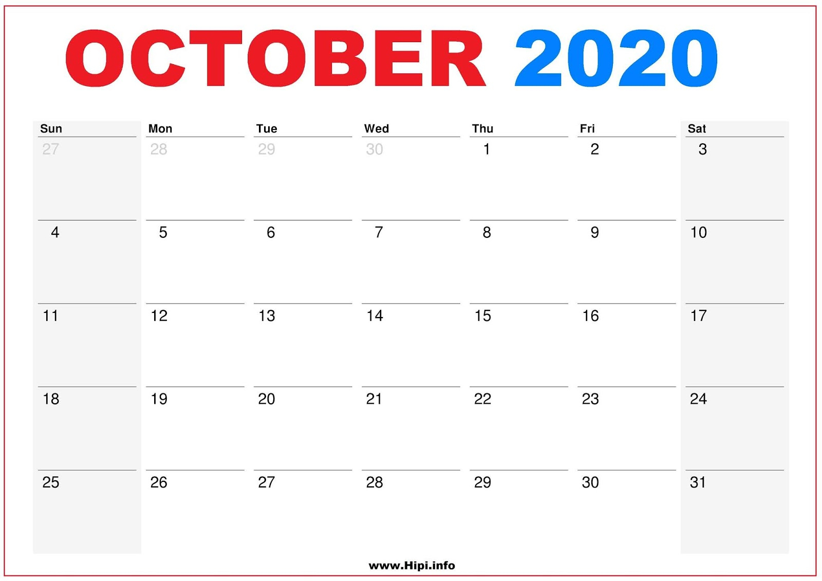 Free Printable Calendar October 2020
