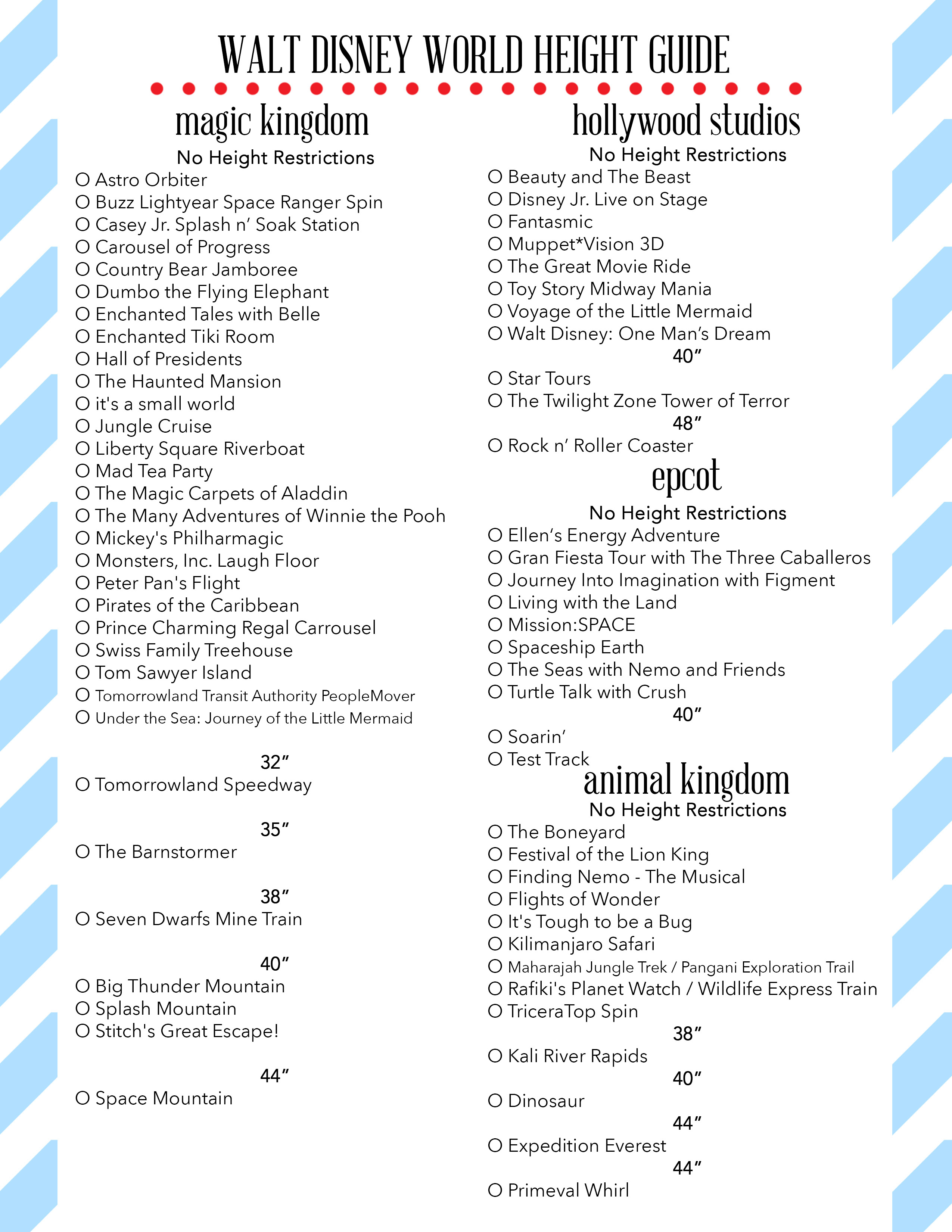 Disney World Attraction List Printable