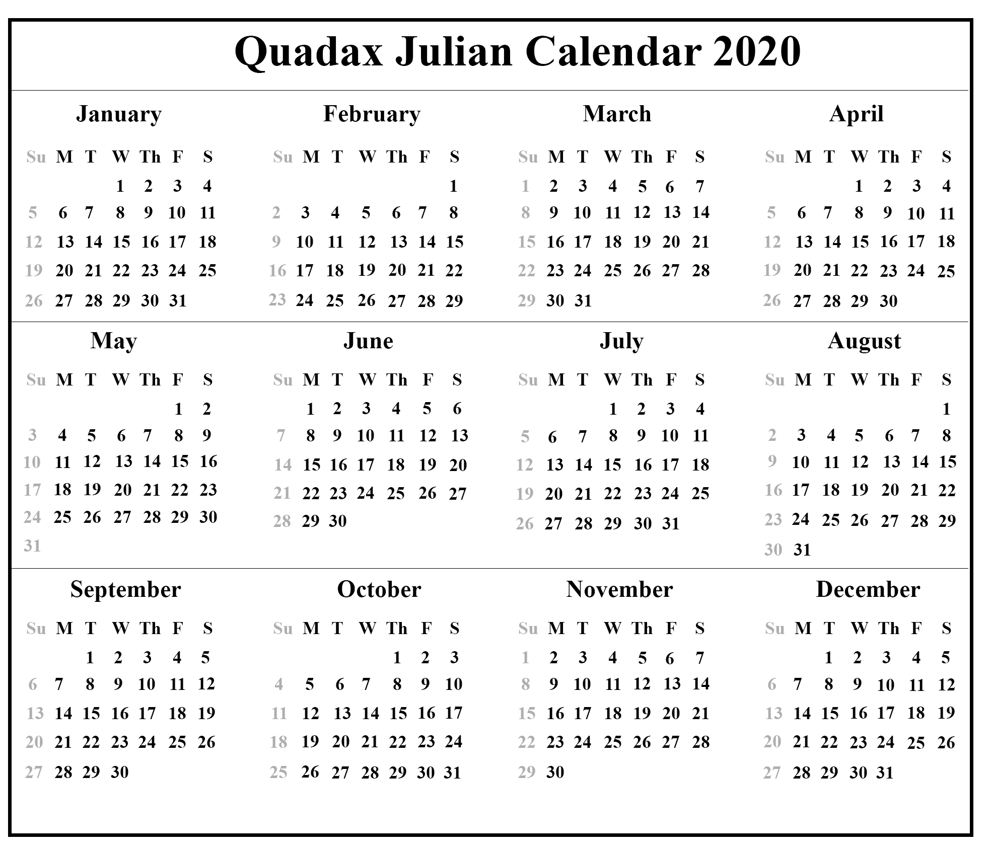 Julian 2020 Calendar Printable