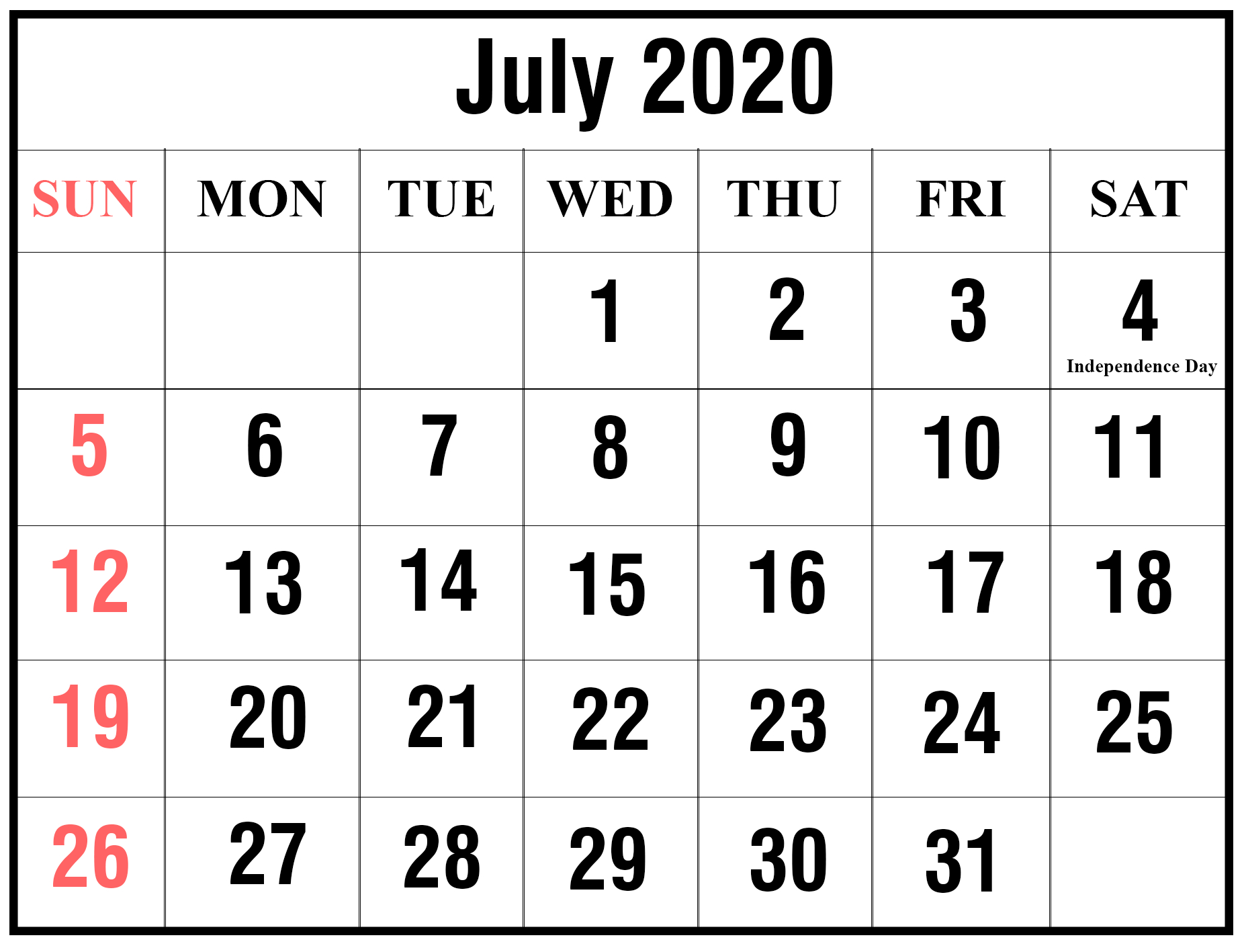 Free Printable July 2020 Calendar Templates [Pdf,word,excel