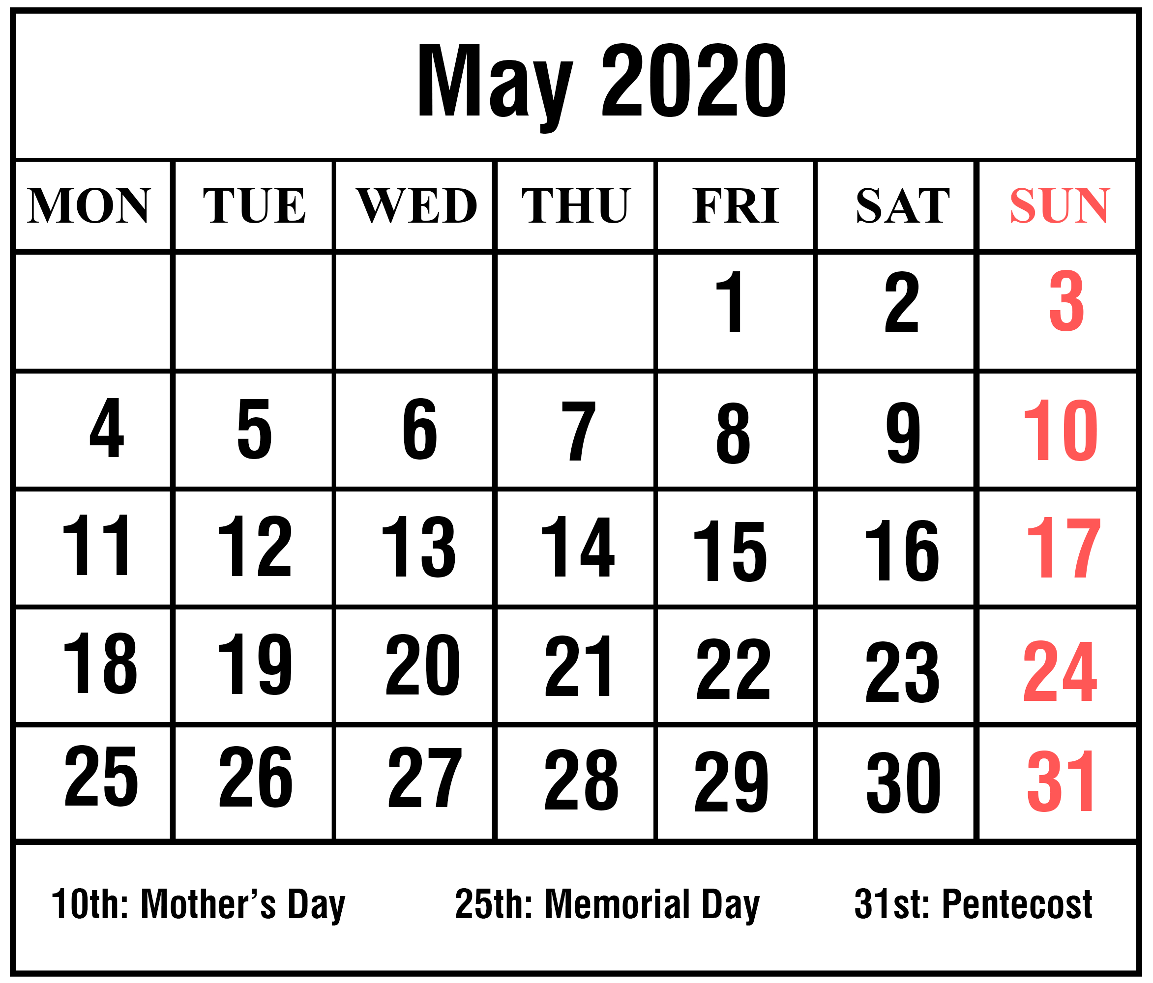 Free Printable May 2020 Calendar Templates [Pdf,word,excel