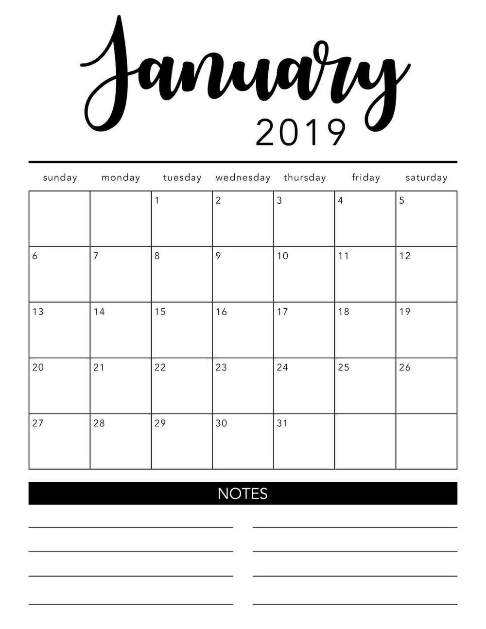 Free Printable Monthly Calendar With Lines 2018 And 2019