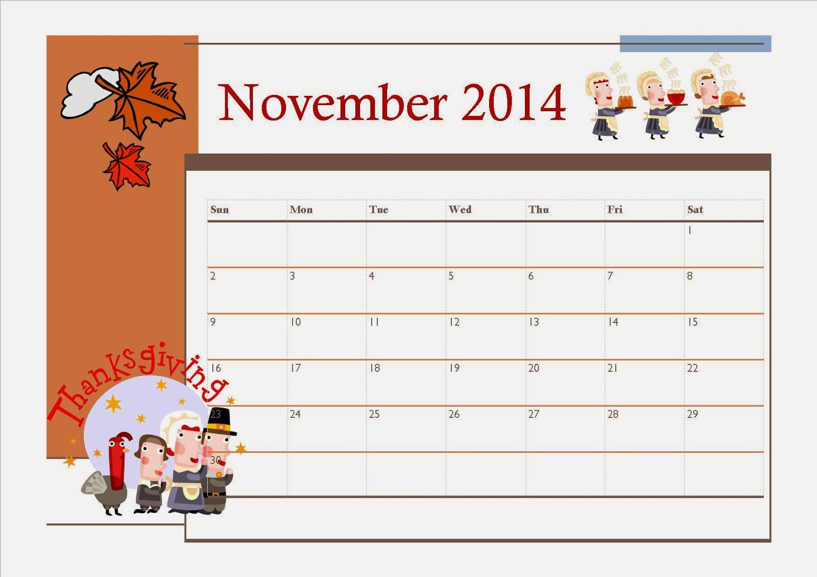 Free Printable November 2014 Calendar For Kids