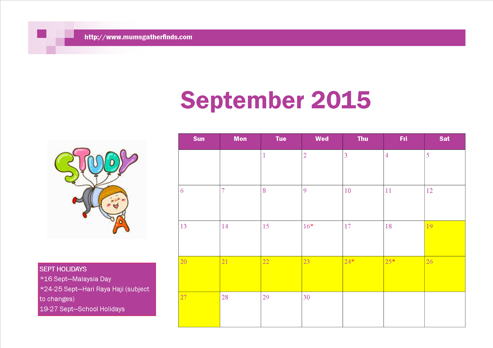 Free Printable September 2015 Calendar With Malaysia Public