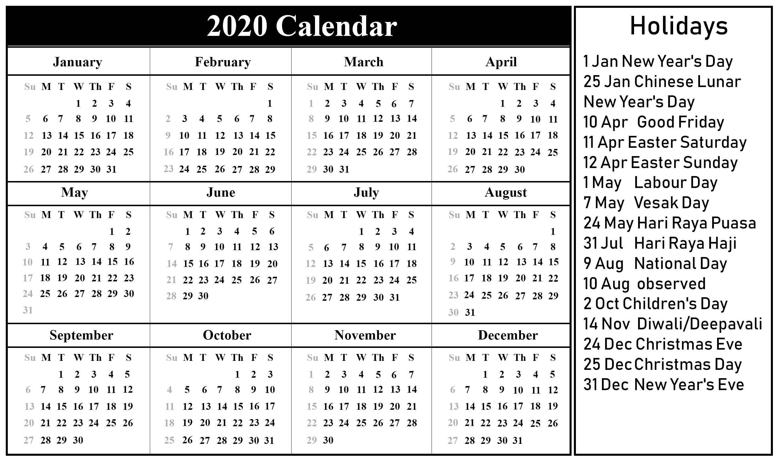 Free Printable Singapore 2020 Calendar With Holidays In Pdf