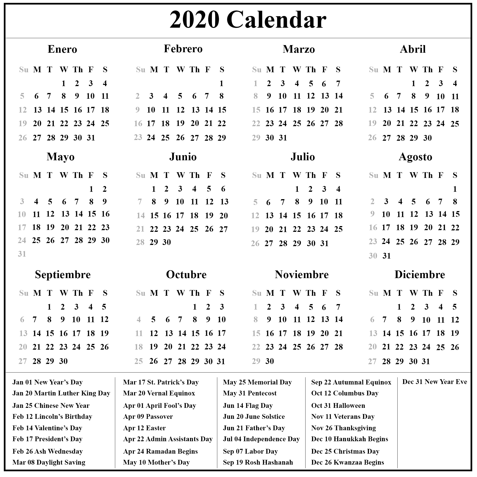 Free Printable Spanish Calendar 2020 | 2020 Calendario