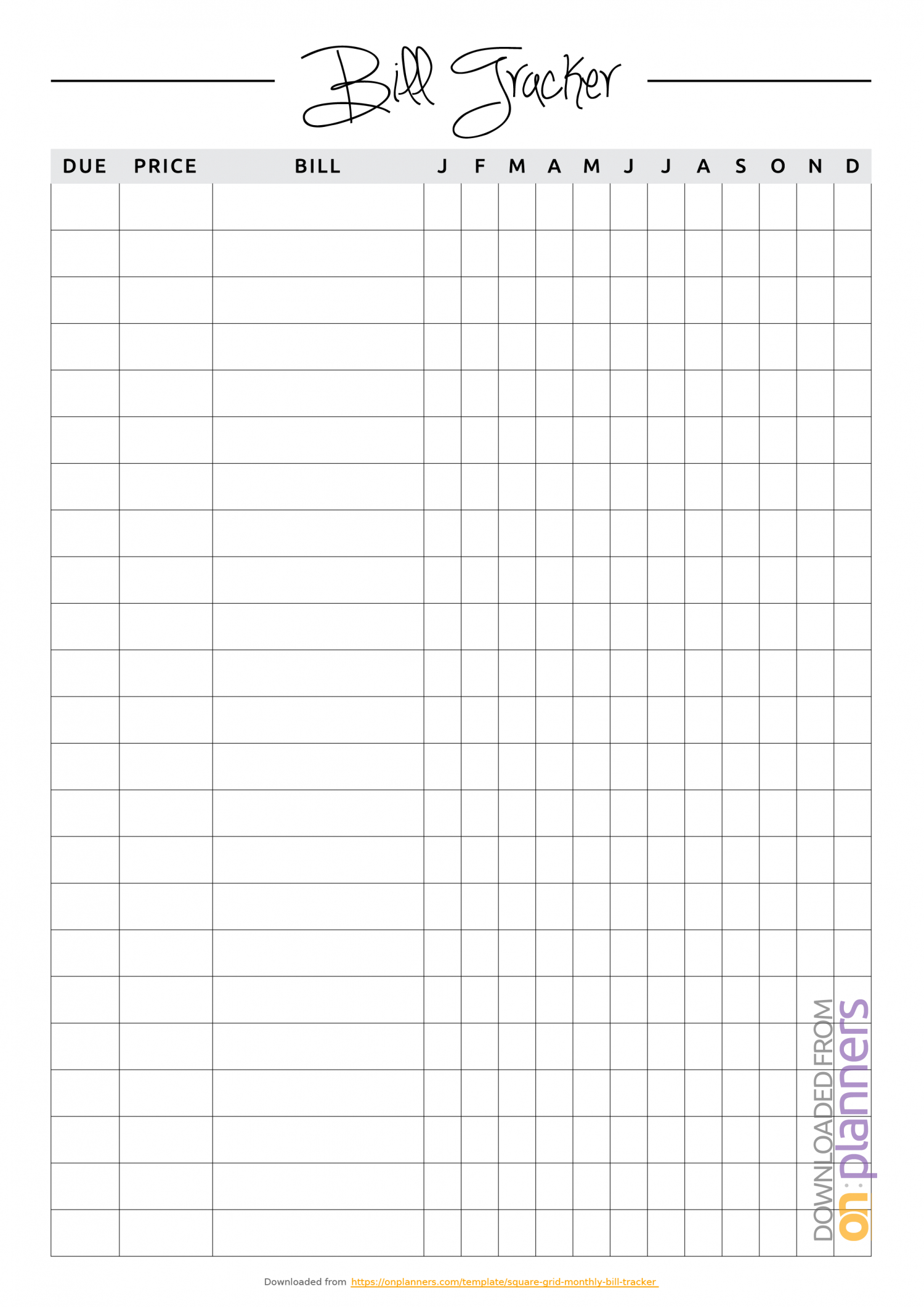 Free Printable Square Grid Monthly Bill Tracker Pdf Download