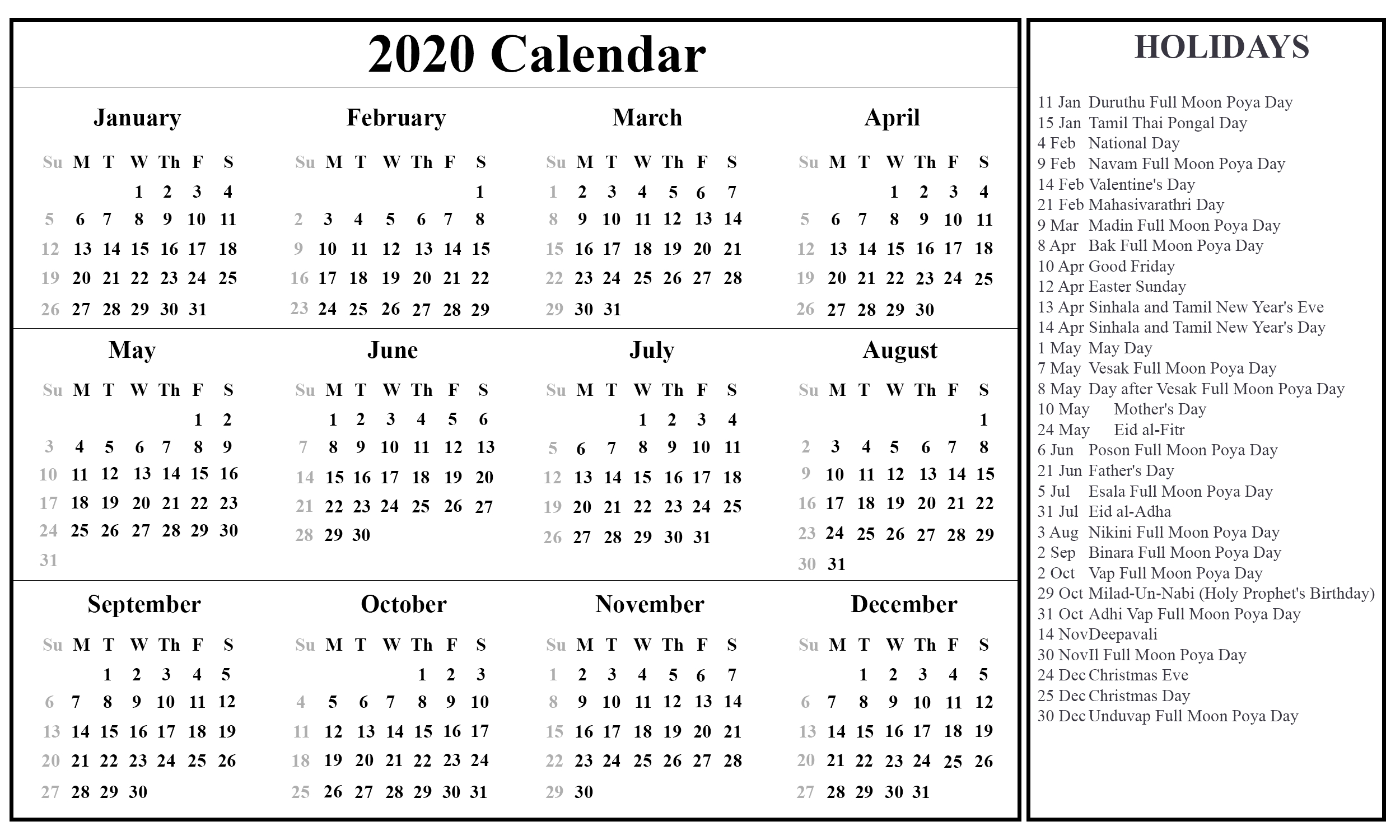 Free Printable Sri Lanka Calendar 2020 With Holidays In Pdf