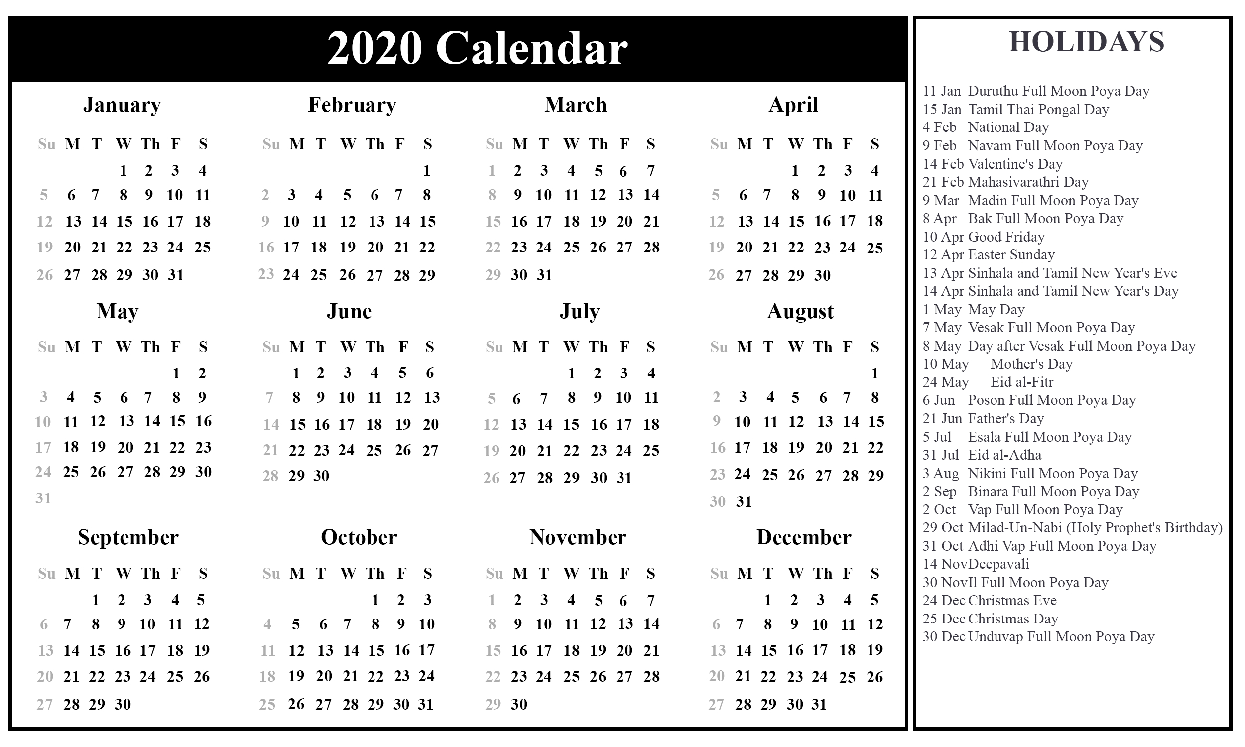 Free Printable Sri Lanka Calendar 2020 With Holidays In Pdf