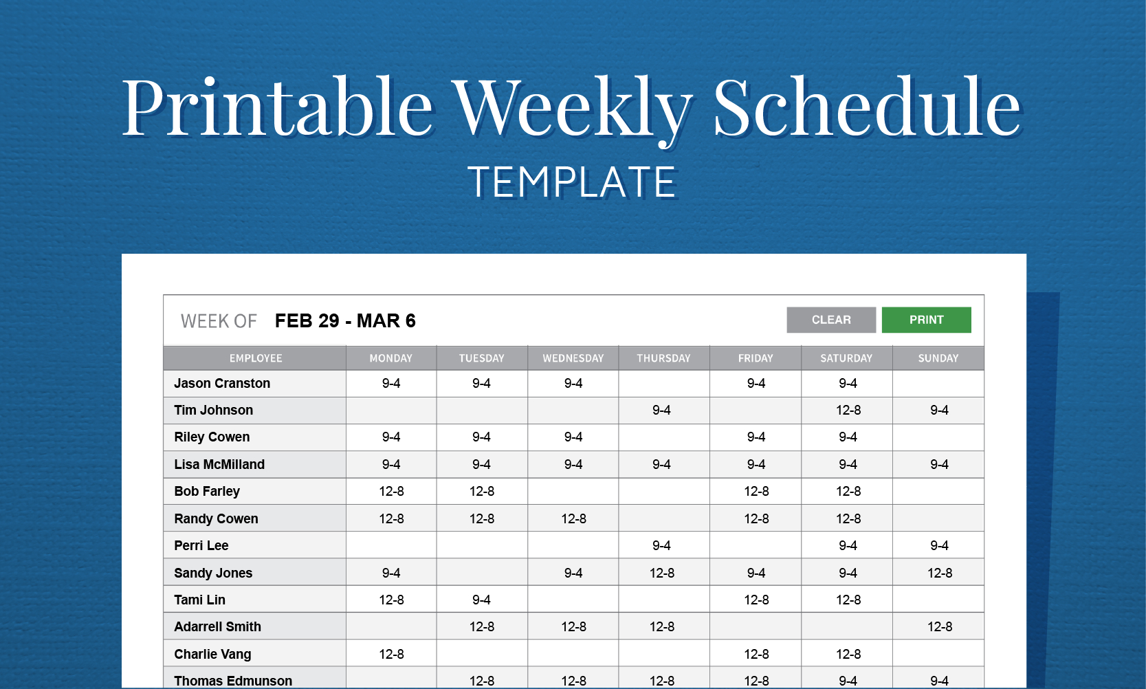 Free Printable Weekly Work Schedule Template For Employee