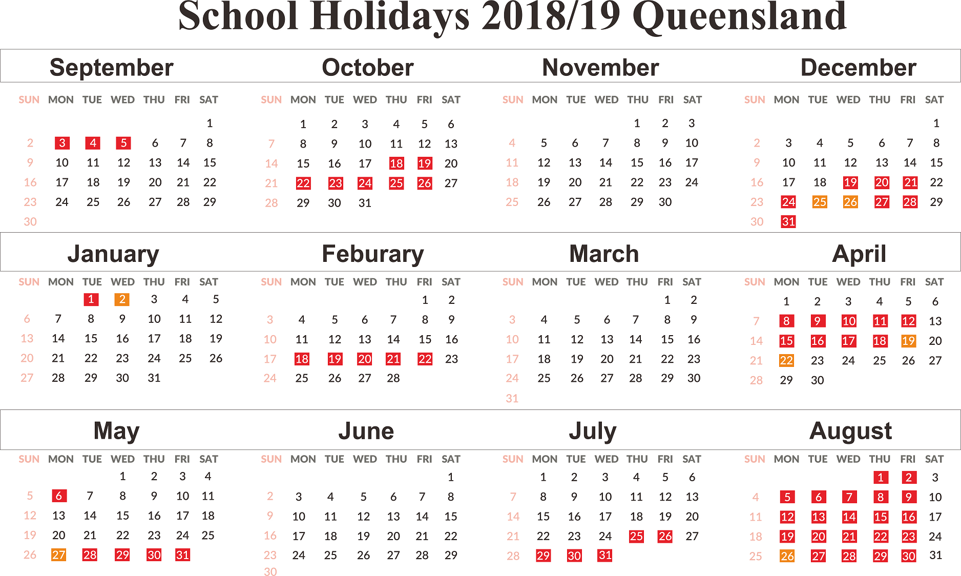 Free Qld (Queensland) School Holidays Calendar 2018-2019