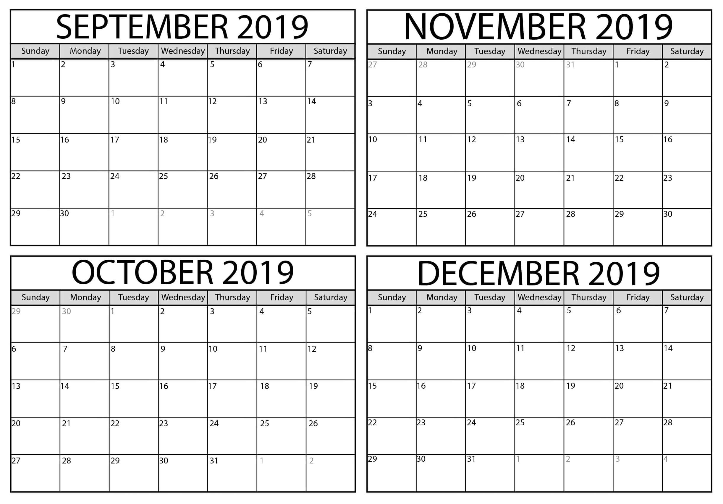 Find Printable September Thru December 2019 Calendar