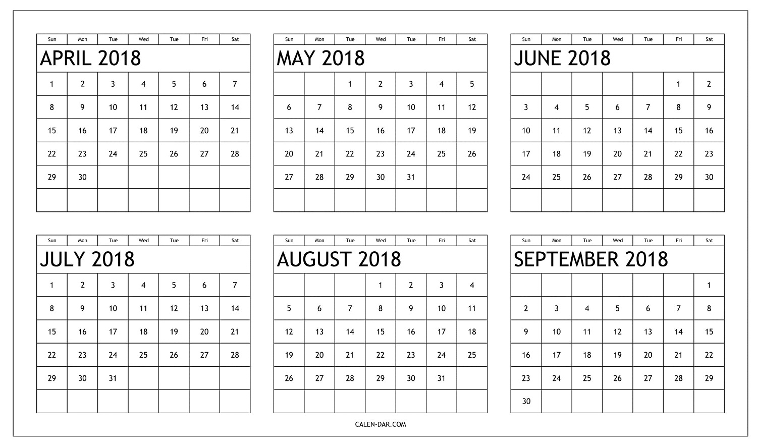 Free Six Month 2018 Calendar April To September Printable