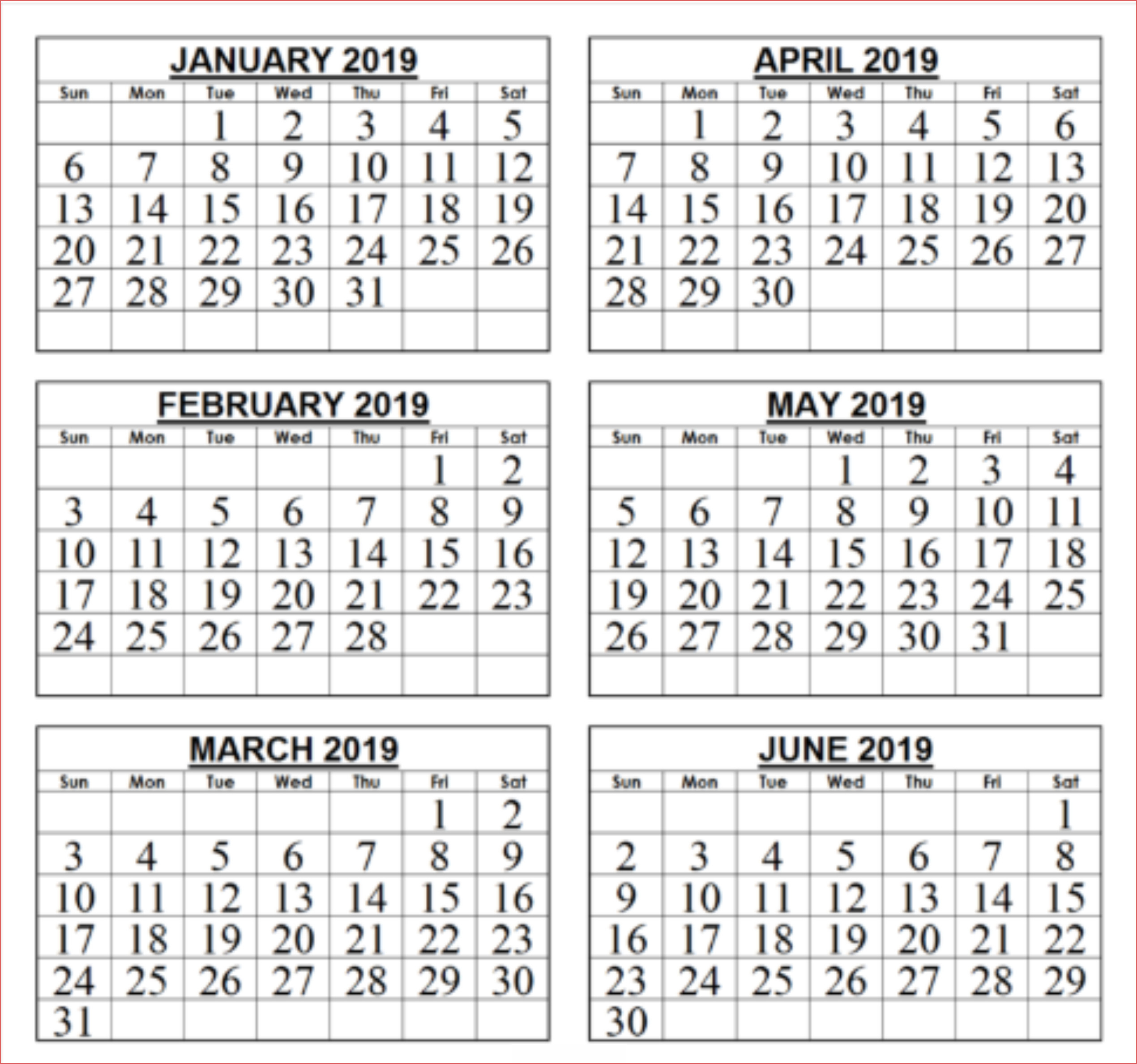 Free Template Of 2019 6 Month Calendar Print Calendar