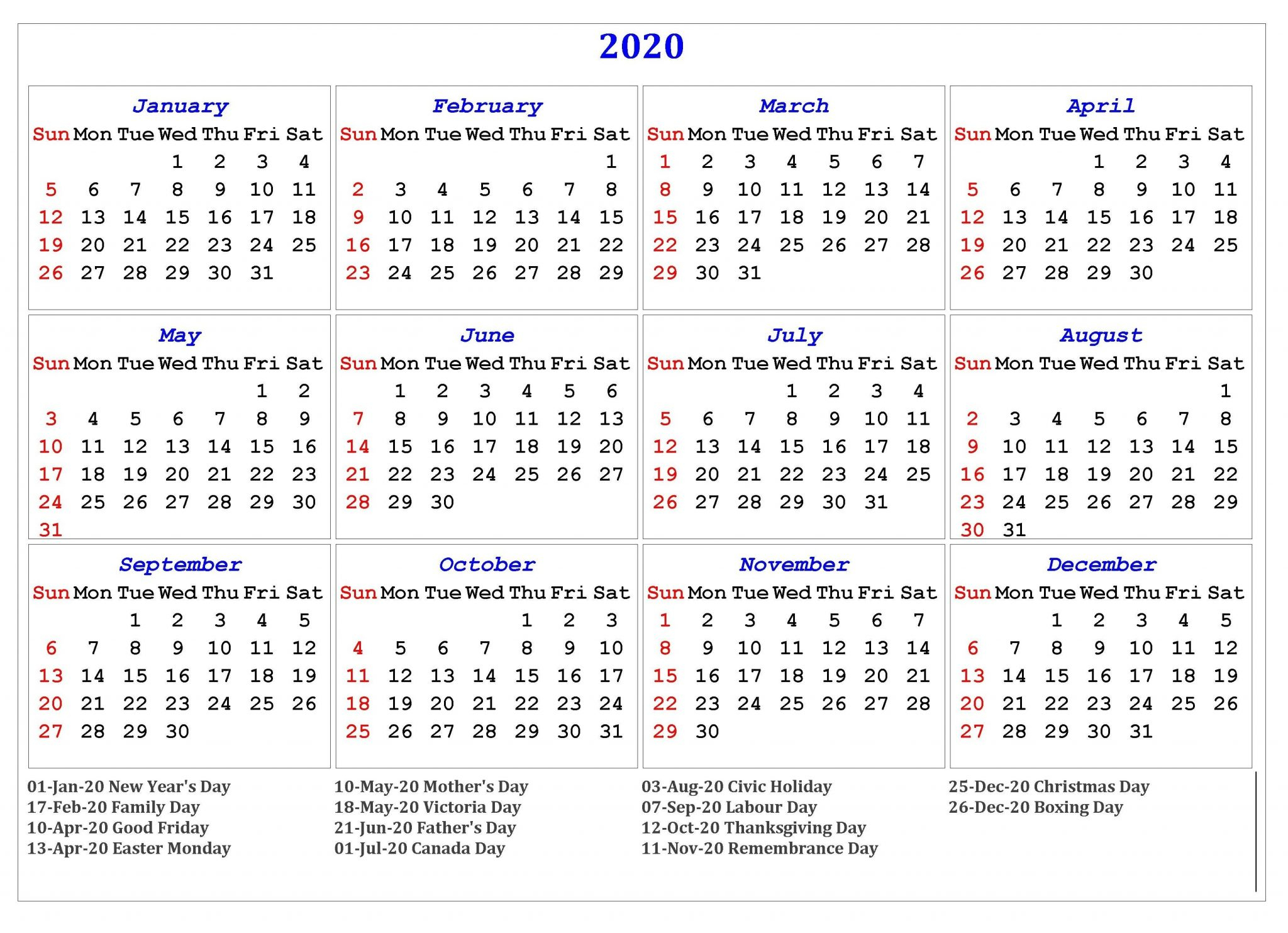 Free Yearly Printable Calendar 2020 With Holidays