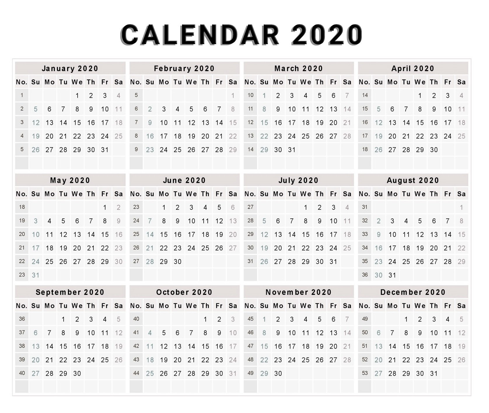 Free Yearly Printable Calendar 2020 With Holidays